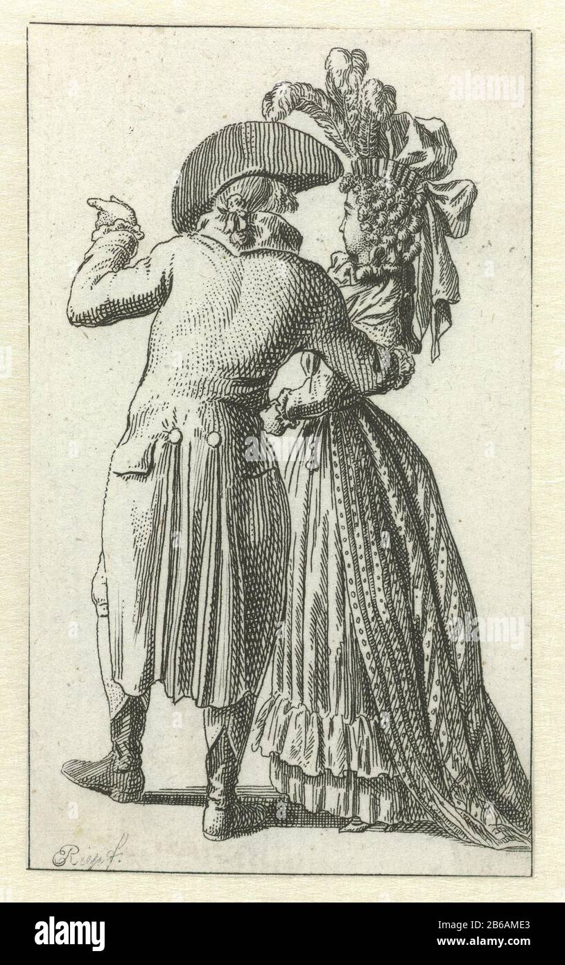 Almanac Prentje 1789 Standing man and woman seen from the back Running man and woman seen from the back. The man wears a frak, shorts and socks. Accessories: stitch and boots. The woman is wearing a striped dress in drag and a skirt topped with a wrinkled strip. Accessories: hat with large springs and depending slippage, chatelaine. Manufacturer : print maker: Ernst Ludwig Riepenhausen (indicated on object) Date: 1789 Physical characteristics: etching material: paper Technique: etching dimensions: sheet: h 83 mm × b 52 mm Subject: fashion plates coat (+ men's clothes) head-gear: bicorne, bicor Stock Photo