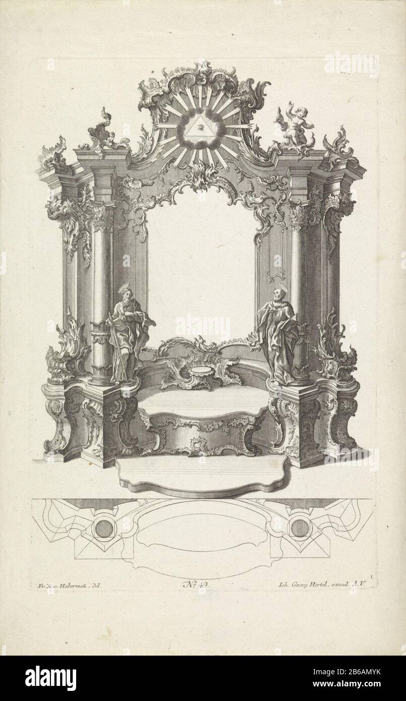 Altar with Peter and Paul designs for altars (series title) Design and plan of  altar with rocaille ornaments. Right and left Paul with heavy d and book  and Peter with key. At