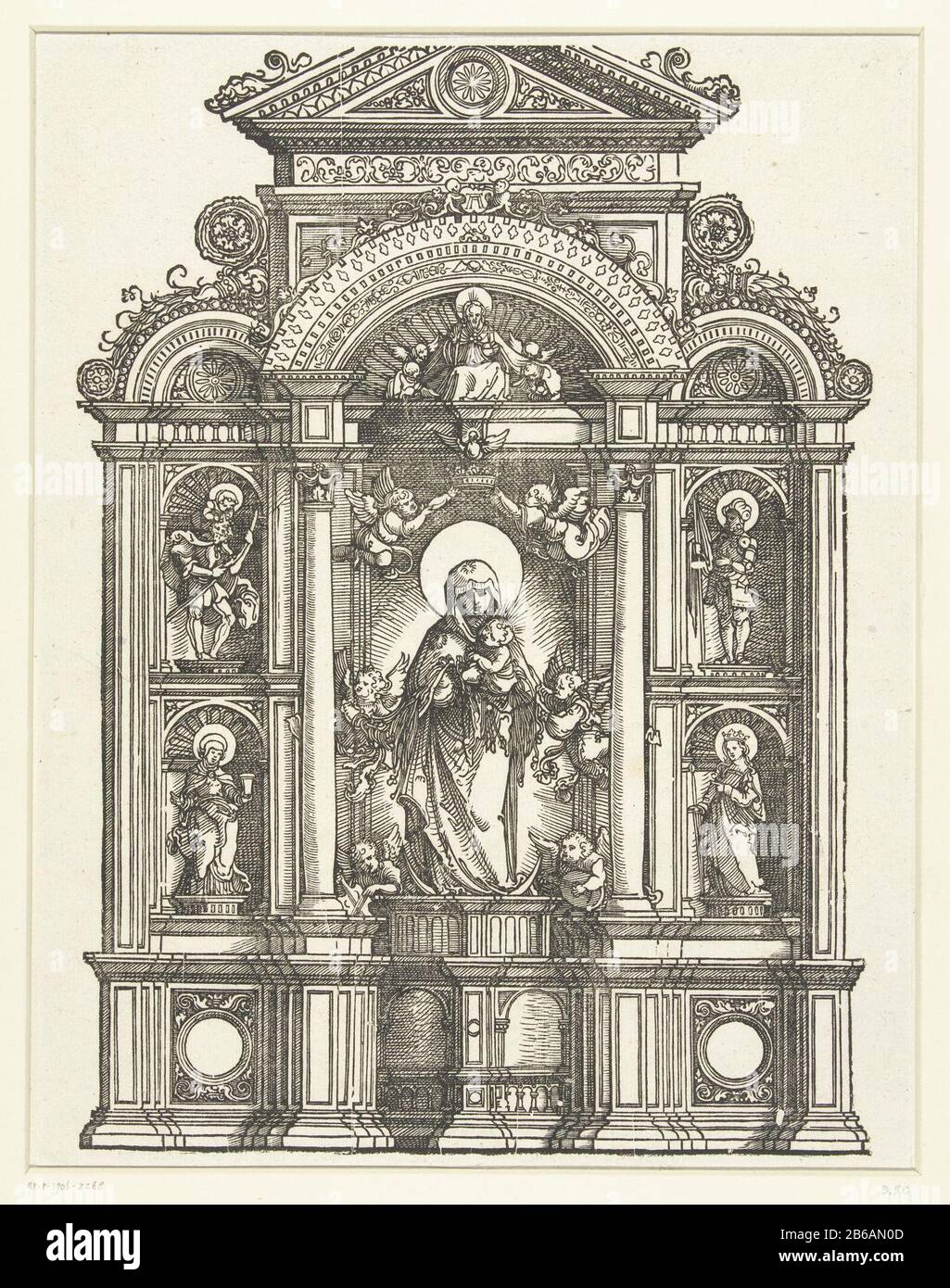 An altar in the middle Mary with the Christ child in an alcove, surrounded by six angels Where: keeping two a crown above her head. Moreover, the Holy Spirit and God the Father. Links Saint Christopher and Mary Magdalene in a niche, right St. Florian and St. Catharina. Manufacturer : printmaker Albrecht Altdorfer (listed property) Place manufacture: Germany Date: ca. 1506 - 1538 Physical features: woodcut material: paper Technique: woodcut dimensions: sheet: h 305 mm × W 235 mm Subject: mary altar standing (or half-length), the Christ-child sitting on her arm (Christ-child to Mary's left) the Stock Photo