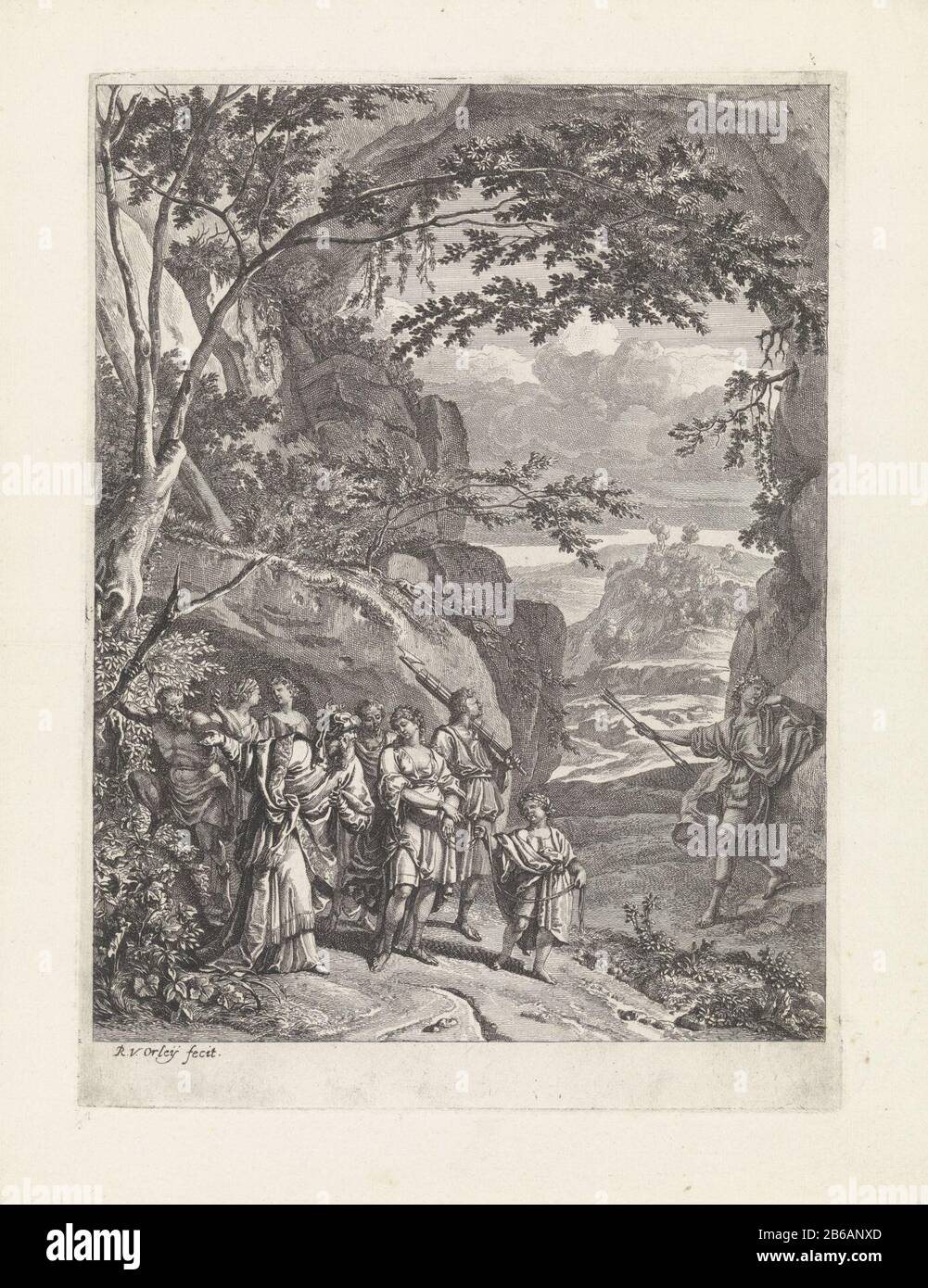 Amaryllis is put captured Il pastor fido (series title) Nicander late Amaryllis capture and deportation. The sad Mirtillo, her lover, leaning right against a rock. Print out a series of 12 prints that illustrate the play Il pastor fido, 3rd scene from the fourth akte. Manufacturer : printmaker: Richard van Orley (II) (listed building) in its design: Richard van Orley (II) Place manufacture : Brussels Dating: ca. 1695 - ca. 1705 Physical characteristics: etching and engra material: paper Technique: etching / engra (printing process) Measurements: plate edge: h 264 mm × W 194 mm Subject: (scenes Stock Photo