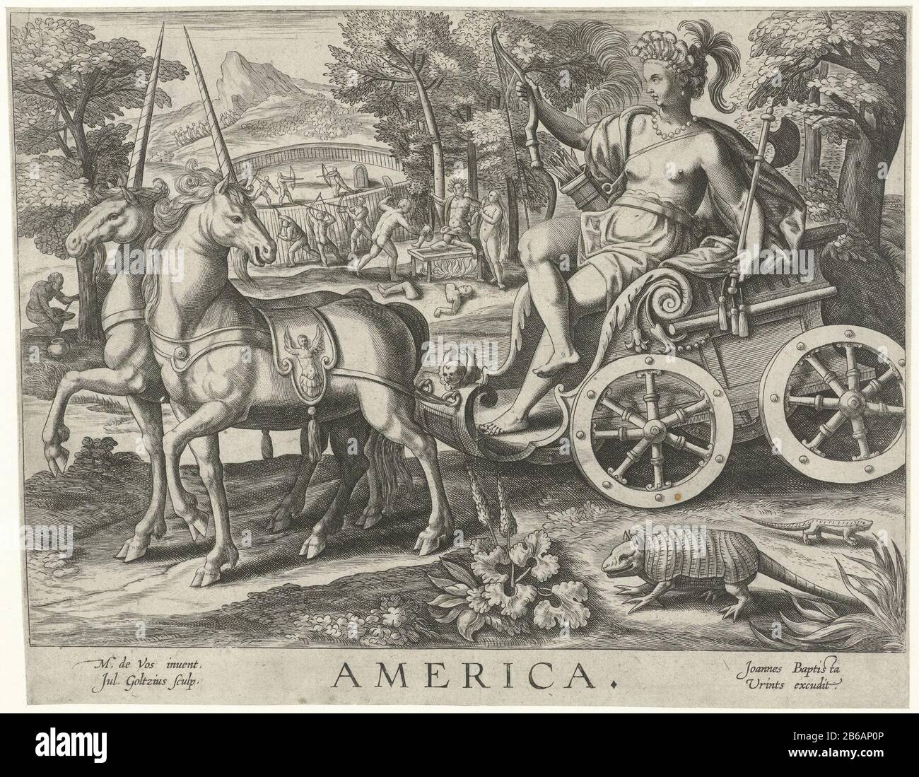 America America (title object) The four continents (series title) the female personification of America is the continent with bow and arrow in a cart pulled by two unicorns. In addition to the cart, and a giant armadillo a lizard. Left in the background cannibals kill a man and roast him over a fire. On the horizon a battle between Indians. The print is part of a four part series with personifications of the four continenten. Manufacturer : printmaker Julius Goltzius (listed property) designed by: Marten de Vos (listed building) Editor: Johannes Baptista Vrints (I) (indicated by object ) Place Stock Photo