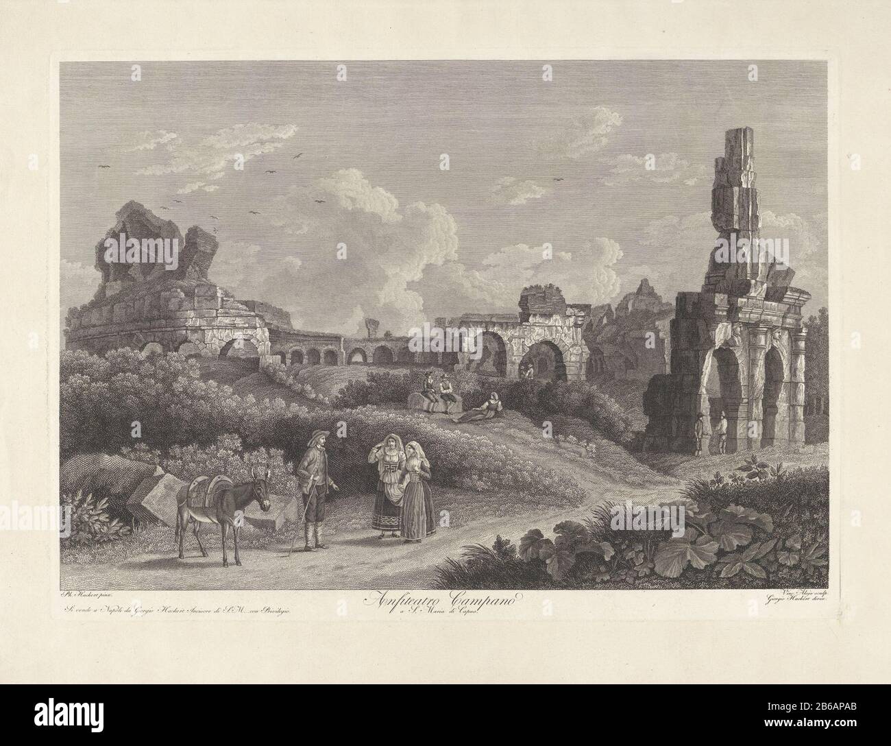 Amfitheater of Capua Anfiteatro Campano a S Maria di Capua (title object) View of the ruins the amphitheater of Capua in the town of Santa Maria Capua Vetere. Figures resting between the ruins. In the foreground, two women, a man and a donkey. Title ondermarge. Manufacturer : printmaker: Vincenzo Alloja (listed property) to painting by Jacob Philipp Hackert (listed building) supervision: Georg Hackert (listed property) provider of privilege unknown (listed property) Place manufacture: Italy Dating : 1781 - 1820 Physical characteristics: etching material: paper Technique: etching dimensions: pl Stock Photo