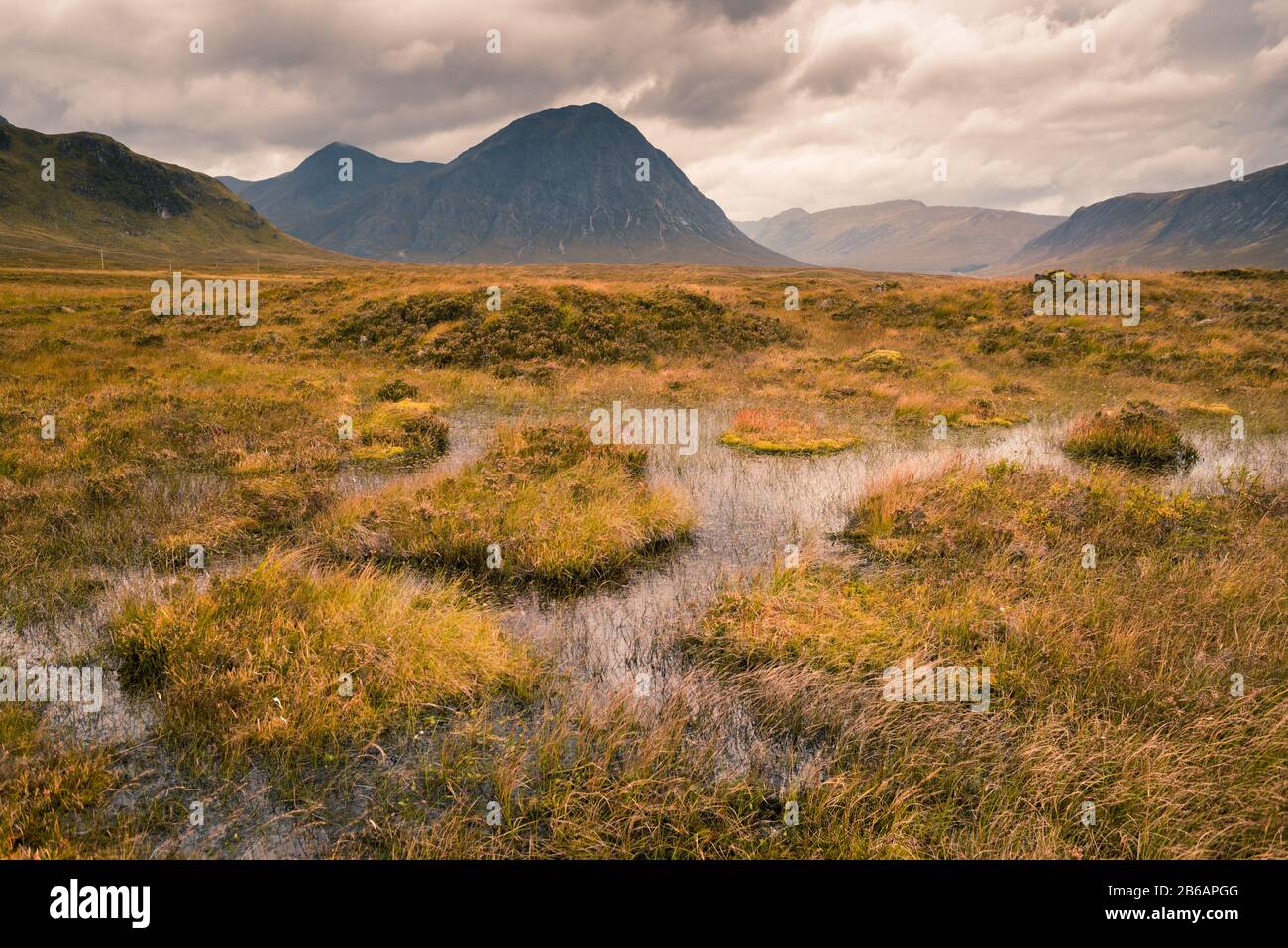 The blue silhouette of Buachaille Etive Mor in the distance under a stormy sky, with marsh waters and grass in the foreground. Glencoe, Scottish Highl Stock Photo