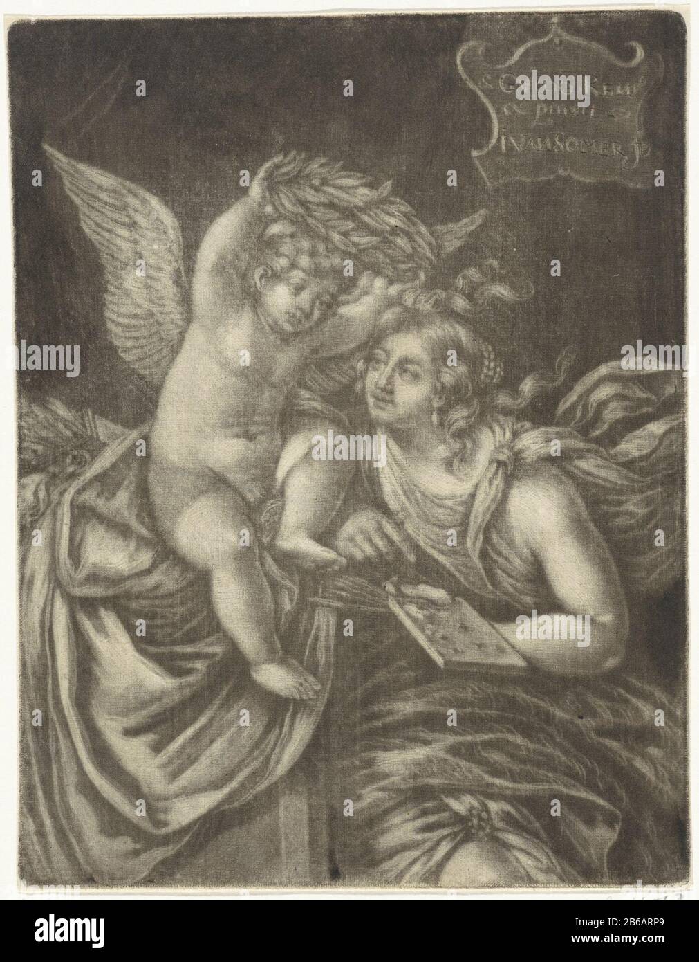 Amor crowns the personification of the Painting Amor crowns the personification of Painting Object Type: picture Item number: RP-P-1909-130Catalogusreferentie: Hollstein Dutch 38 Inscriptions / Brands: collector's mark, verso, stamped: Lugt 2228 Manufacturer : printmaker Jan van Somer (listed on object ) to painting by: Guido Reni (indicated on object) Date: 1655 - 1700 Physical characteristics: mezzotint material: paper Technique: mezzotint dimensions: plate edge: h 192 mm × W 147 mm Subject: symbolic representations, ALLEGORIES and emblems  the monumental arts'Pictura ', symbolic representa Stock Photo
