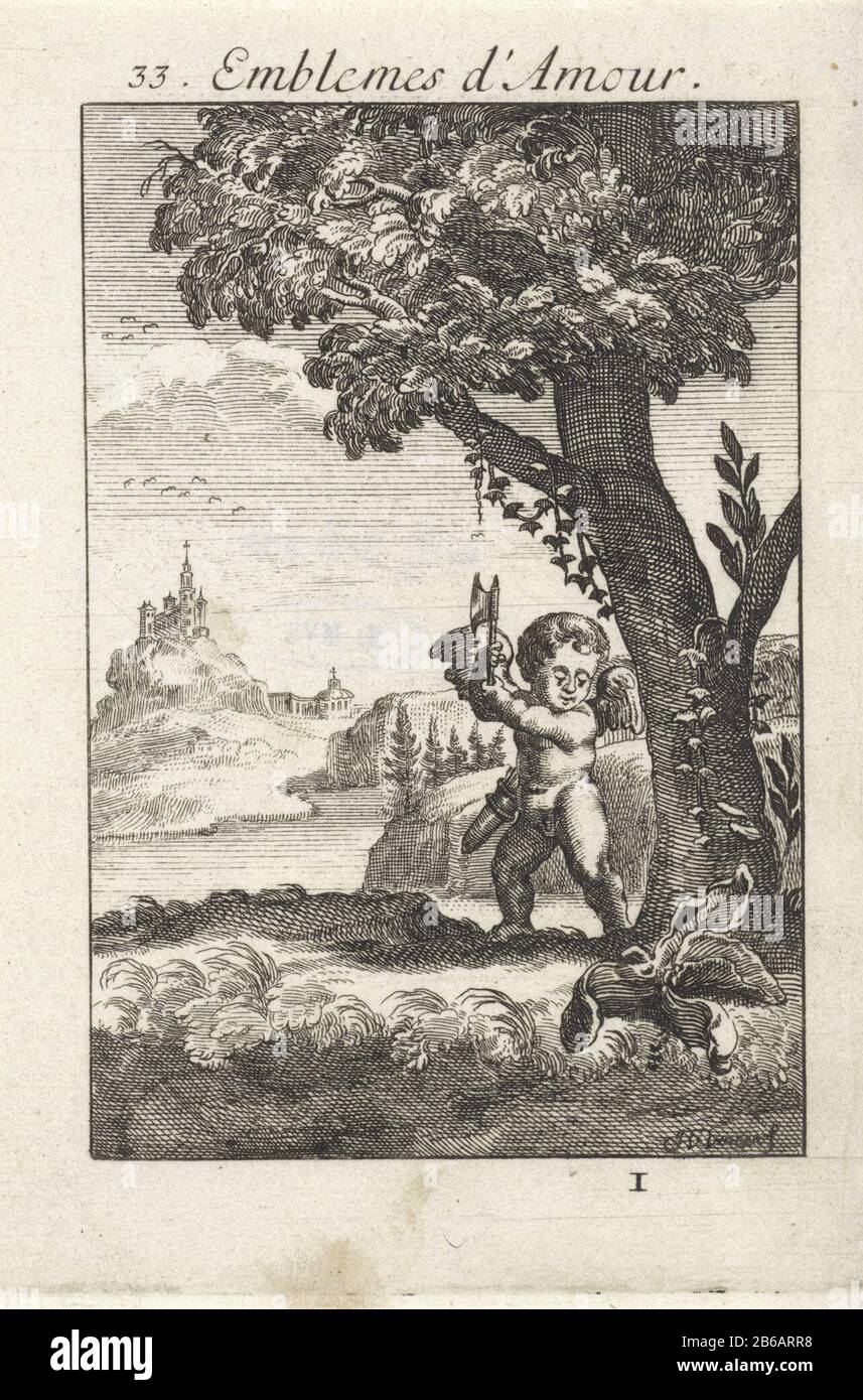 Amor with an ax in a tree Emblemes d'Amour (title object) Amor patiently chopping down a tree. Like many blows of an ax to a tree felling and many water drops erode a piece of marble kunenn, so will constancy in love conquer all. Thirty-third emblem of Emblemata Amatoria. Manufacturer : printmaker Jan van Vianen (listed property) Place manufacture: Northern Netherlands Date: 1686 Physical features: etching material: paper Technique: etching Dimensions: sheet: H 145 mm × W 95 mmToelichtingPrent used as book illustration in: Emblemata Amatoria : emblemes d'Amour and Quatre Langue, 1686. Subject: Stock Photo