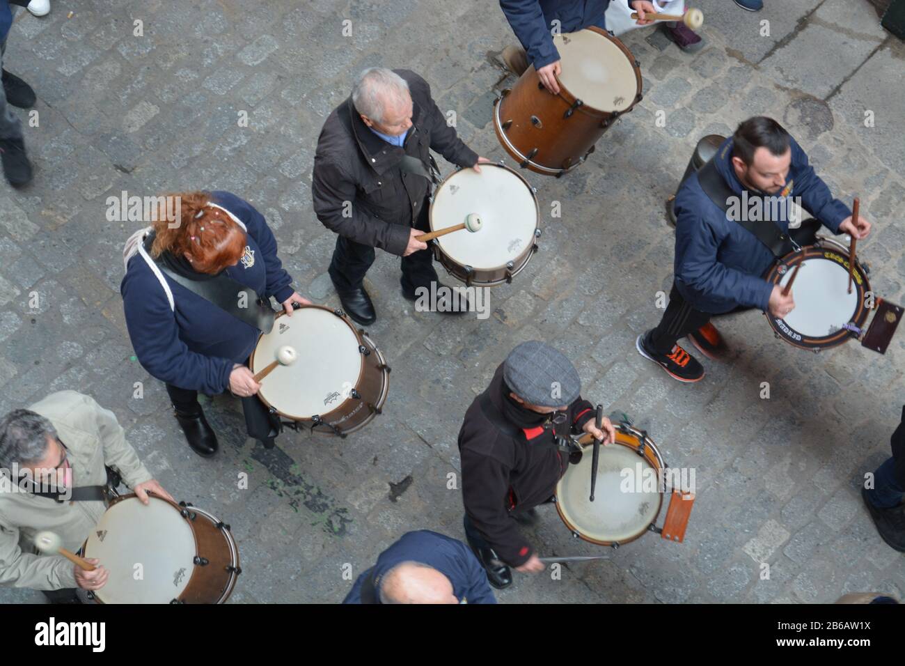 Fiesta in Madrid Street, Walking with the drums Stock Photo