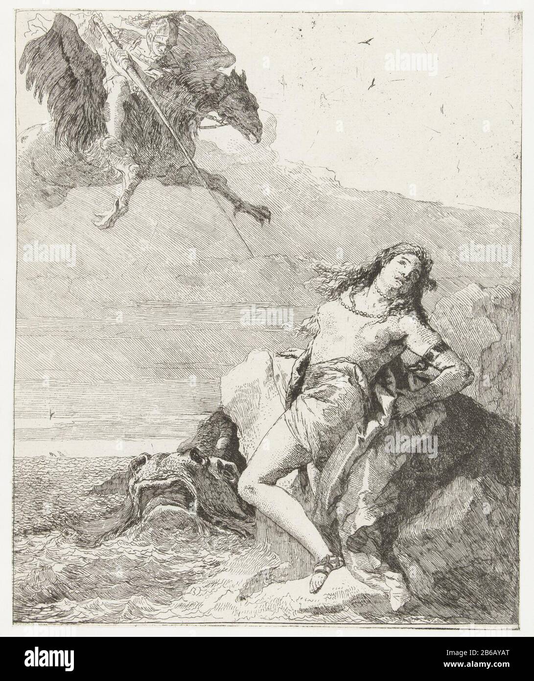 Angelica is threatened by sea monster released by Ruggiero on hippogriff Angelica is chained to a rock as she is threatened by a sea monster, an ork. It is saved by Ruggiero which comes aangesneld on the back of a hippogrief. Manufacturer : print maker: Giovanni Domenico Tiepolonaar design: Giovanni Battista Tiepolo Dating: 1757 - 1760 Physical characteristics: etching material: paper Technique: etching dimensions: sheet: h 245 mm × W 201 mmToelichtingPrent to fresco by Giovanni Battista Tiepolo in the Villa Valmarana in Vicenza, dated 1757. Subject: AngelicaRuggiero'hippogriffe (horse / eagle Stock Photo