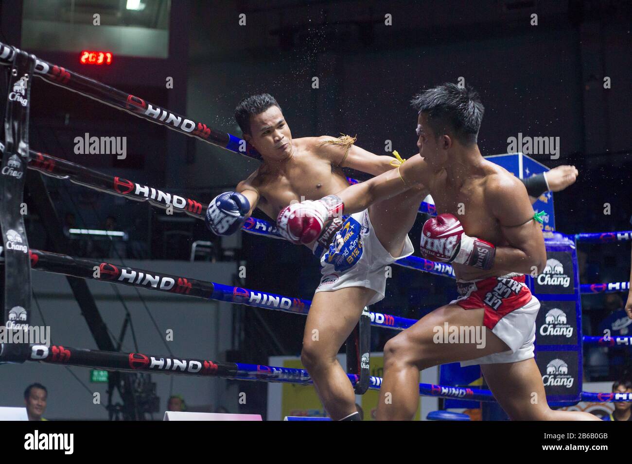 Boxers in action during the Thai Boxing match that was held without  spectators as a preventive measure against the spread of COVID-19  coronavirus at Lumpinee Boxing Stadium Stock Photo - Alamy