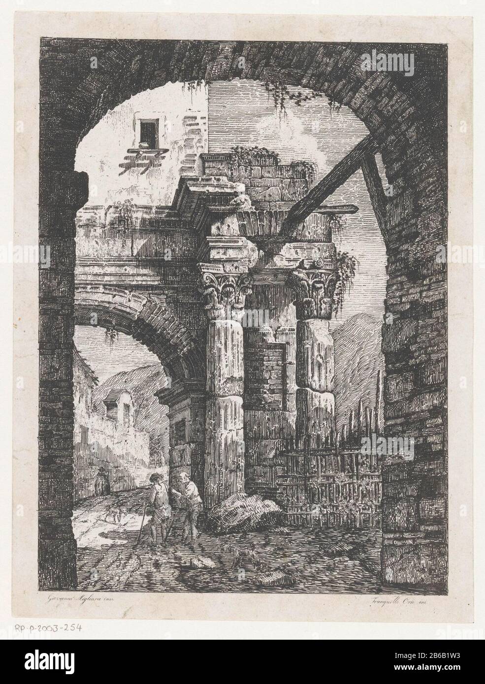 Ruins of an ancient port Corinthian columns. On the path through the gate two hikers walking with two dogs. In the background a mountainous landscape. The whole is framed by a second port on the voorgrond. Manufacturer : printmaker: Tranquillo Orsi (listed building), designed by Giovanni Migliara (listed property) Place manufacture: Italy Date: 1795 - approx 1845 Physical features: etching material: paper Technique : etching dimensions: sheet: h 276 mm (Inner cut plate edge.) × W 211 mm (Inner cut plate edge.)  Subject: landscape with ruins'en route, travelers under wayCorinthian order  archi Stock Photo