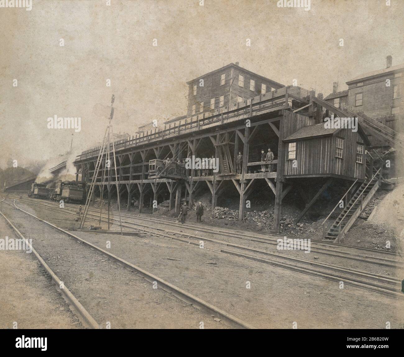 Antique 1891 photograph, coal refilling platform on the NYLE&W railroad line. Exact location unknown. SOURCE: ORIGINAL PHOTOGRAPH Stock Photo