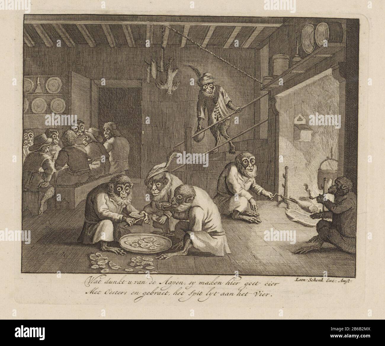 Monkeys eat oysters in a tavern Monkeys Game in the world (series title) 't Aapenspel in Werelt (series title) In an inn are some monkeys. Front three monkeys eat oysters in a bowl. Right roasts a monkey meat on the spit. For right sits a monkey smoking. Behind them comes a monkey with a bottle down the stairs. Rear left a group around a table. Part of a series consisting of a frontispiece and plates Where: in monkeys and humans figure in all sorts of scenes from everyday life. The print has a two-line verse in Nederlands. Manufacturer : printmaker Leonard Schenk (possible) printmaker: Matthij Stock Photo