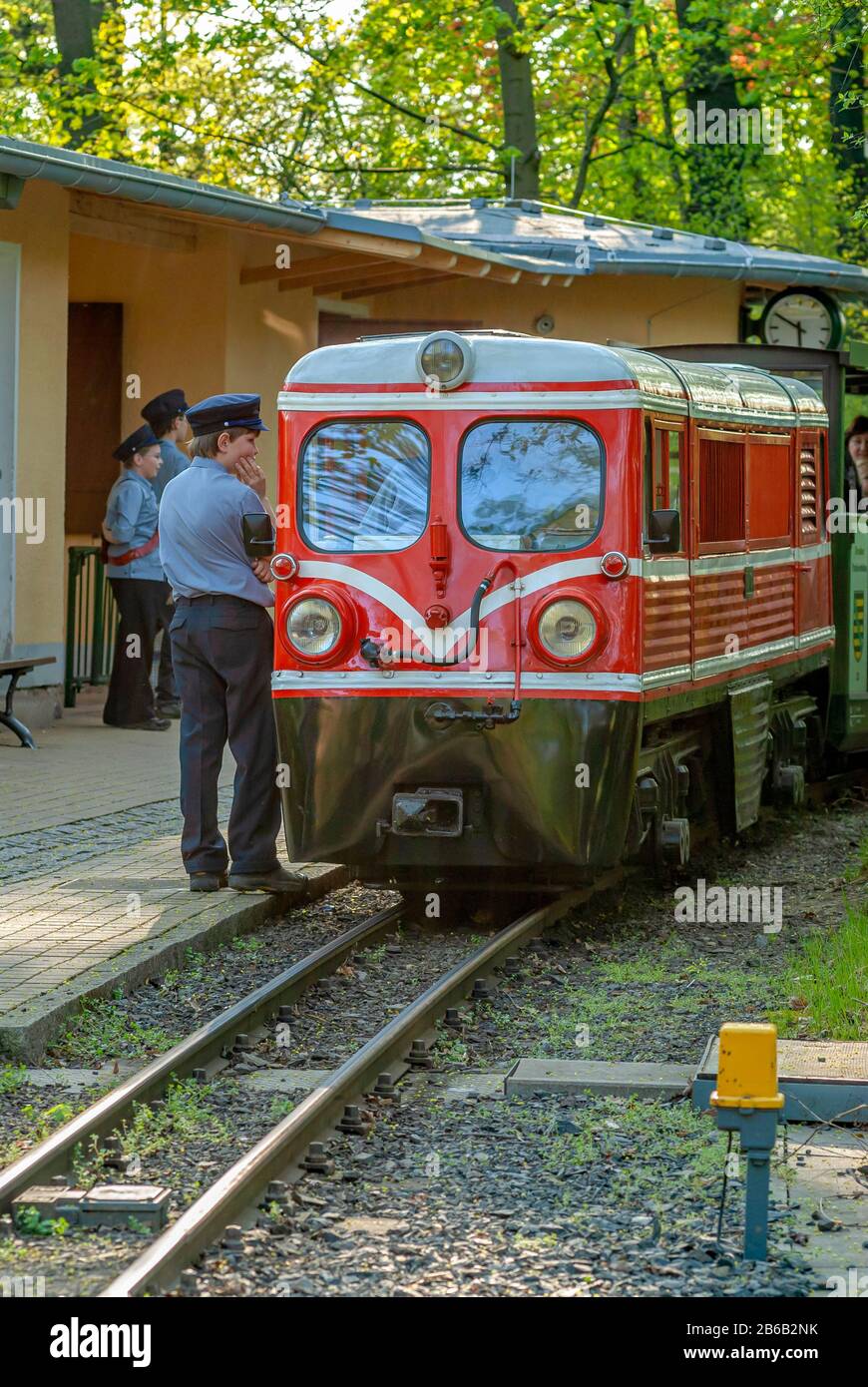 Miniature railway at the Grossen Garten, known as the Parkeisenbahn in Dresden, Saxony, Germany Stock Photo