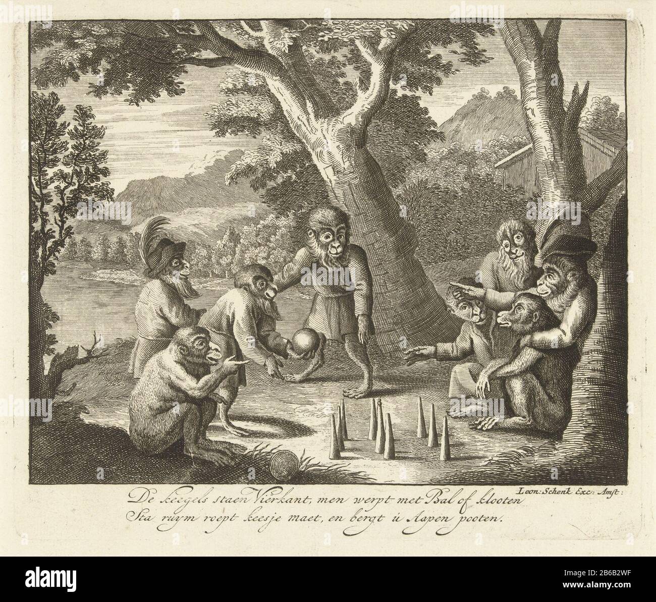 Monkeys play the bowling game Monkeys Game in the world (series title) 't Aapenspel in Werelt (series title) Monkeys playing skittles. Part of a series consisting of a title picture with 16 unnumbered plates ca. 1720 Where: in monkeys and humans figure in all sorts of scenes from everyday life. Each print with a two-line verse in onderschrift. Manufacturer : printmaker Leonard Schenk (possible) Publisher: Leonard Schenk (listed property) Place manufacture: Amsterdam Date: 1720 Physical features: etching and engra material: paper Technique: etching / engra (printing process) Dimensions : plate Stock Photo