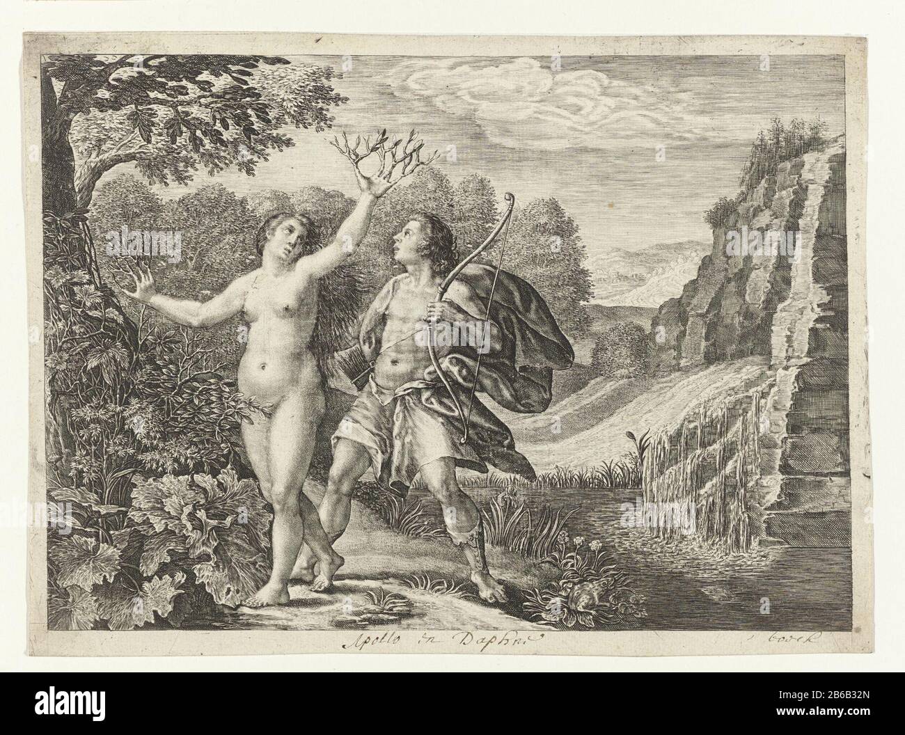 Apollo Chasing Daphne Metamorphoses of Ovid (series title) Apollo was in love at the hands of Cupid with the nymph Daphne and chases her. She prays for her father to save Where: after laurel branches sprout from her arms raised and a tree verandert. Manufacturer : printmaker: Crispijn of Passe (I) (listed building) printmaker: Magdalena van de Passe (rejected attribution) publisher: Crispijn of Passe (I) (attributed to) publisher: Crispijn of Passe (II) (attributed to) Date: ca. 1636 - 1670 Physical features: engra; proofing material: paper Technique: engra (printing process) Dimensions: h 173 Stock Photo