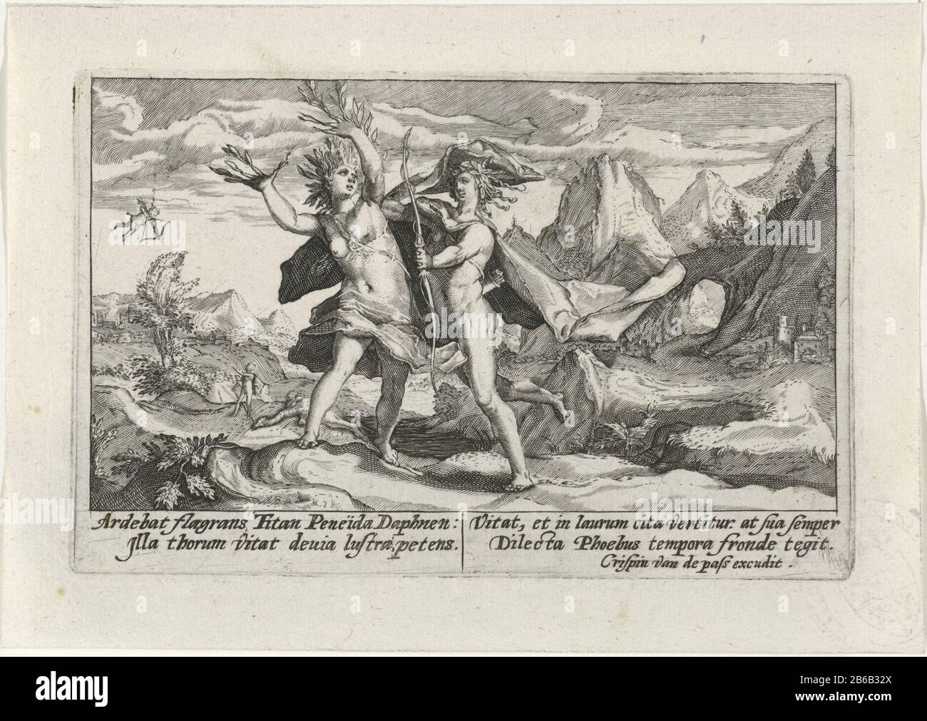 Apollo Chasing Daphne Metamorphoses of Ovid (series title) Apollo chases the fleeing Daphne, by the lead arrow of Cupid, which dispels love is affected. Her arms raised have already branches and leaves and her feet root. In the left background Apollo is struck by a golden arrow of Cupid, which ignites love. In the margin a four-line signature, in two columns, in Latijn. Manufacturer : printmaker: Crispijn of Passe (I) author: Franco Estiusuitgever: Crispijn of Passe (I) (listed building) Place manufacture: Cologne Date: 1602 - 1607 Physical characteristics: engra material: paper Technique: eng Stock Photo