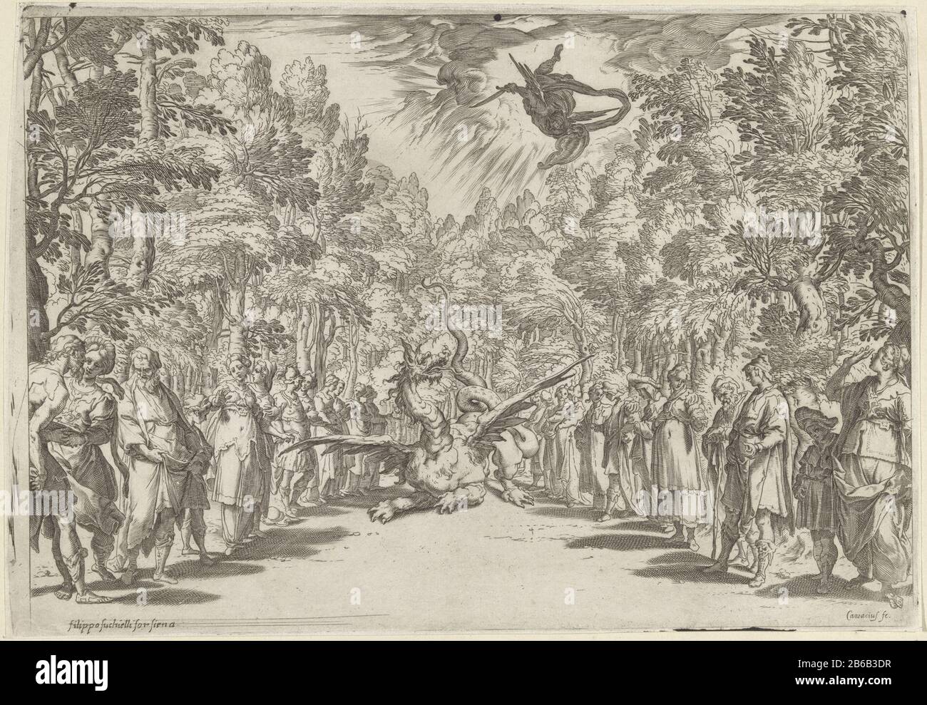 An Apollo the python Display of third interlude during the performance of the play 'La Pellegrina' by Girolamo Bargagli Apollo slaying python for a group of spectators in a forest. For the six intermezzi Giovanni Bardi machines and costumes were designed by Bernardo Buontalenti. This version was the occasion of the marriage of Ferdinando I de 'Medici and Christina of Lorraine in 1589. Manufacturer : printmaker: Agostino Carracci (listed property) to drawing: Andrea Boscolinaar design: Bernardo Buontalentiuitgever: Filippo Suchielli (listed object ) Place manufacture: print maker: Italy to draw Stock Photo