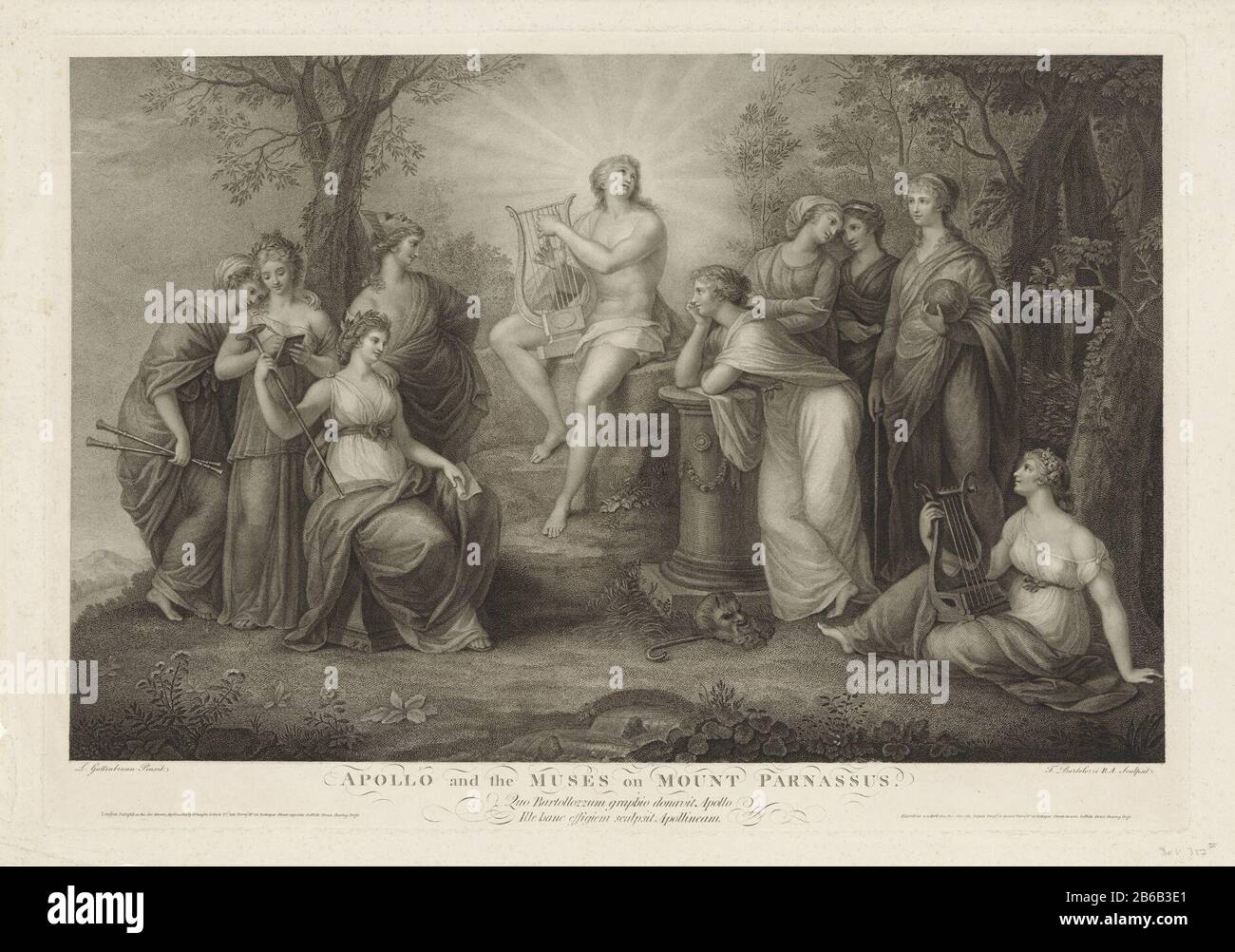 Apollo and the Muses on Parnassus Apollo and the Muses on Mount Parnassus (title object) Apollo playing his lyre among the nine Muses on Parnassus. Manufacturer : printmaker: Francesco Bartolozzi (listed property) to painting: Ludwig Guttenbrunn ( listed on object) publisher: Colnaghi & Co (listed property) Place manufacture: printmaker: Italy Publisher: London Date: 1800 Physical features: etching and engra material: paper Technique: etching / engra (printing process) Dimensions: plate edge: h 532 mm × W 770 mm Subject (story of) Apollo (Phoebus) Apollo and the Muses, Apollo Musagetes Stock Photo