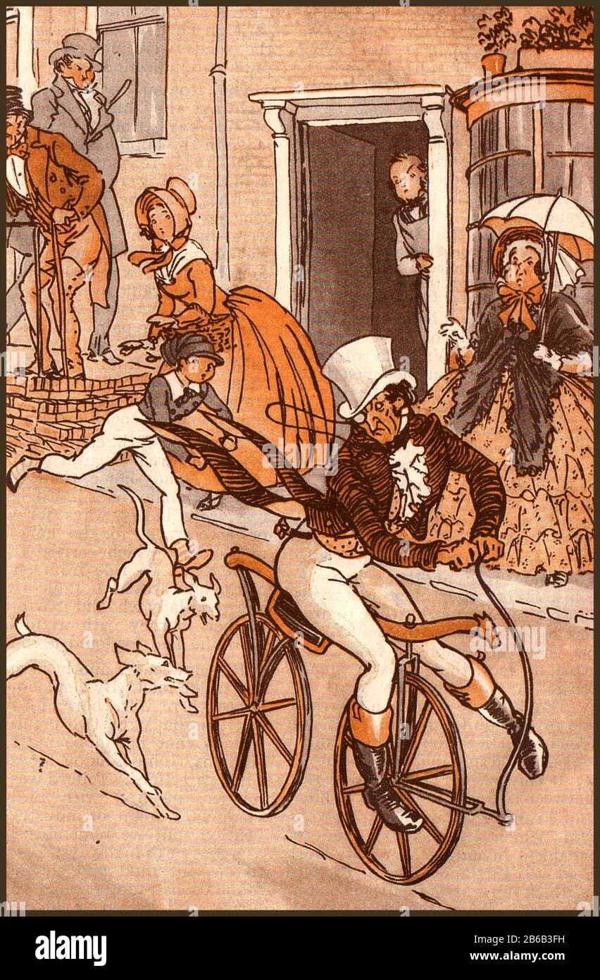A 1920's magazine illustration showing a Dandy Horse, credited as the 1st  bicycle . The  term Dandy Horse was a derogatory  one, indicating that only rich 'Dandies' could afford the early machines. It was otherwise known as a hobby horse, laufmaschine (running machine), velocipede ,draisienne,  draisine, and pedestrian curricle and gave way to the development of the modern bicycle. Early forms were powered by the riders feet. Karl Drais who invented the first  running machine was inspired to develop it following the death of thousands of horse after the eruption of Mount Tambora (1816) Stock Photo