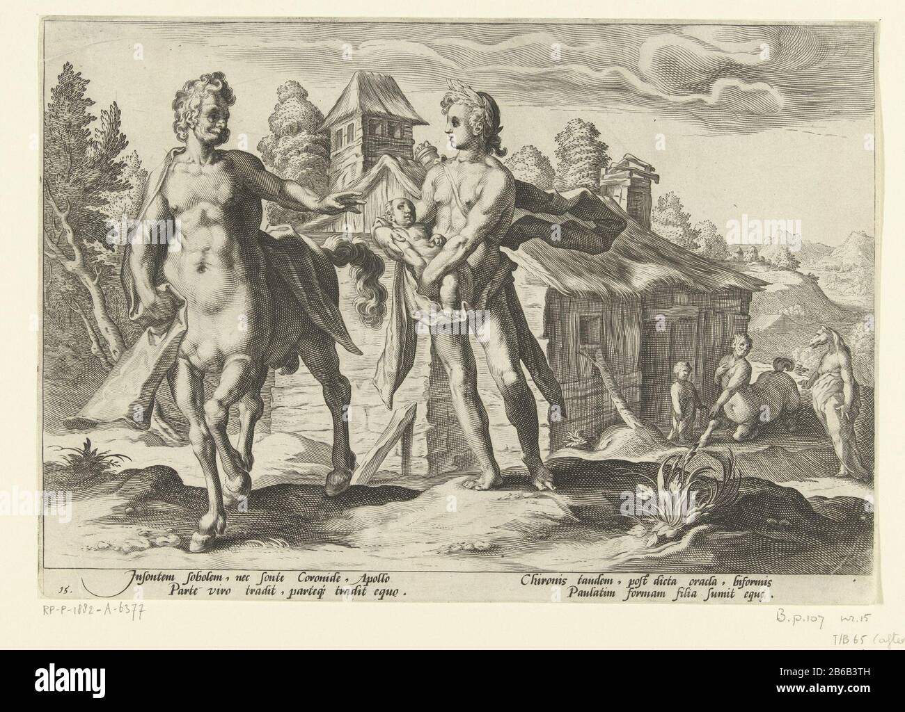 Apollo relies Asclepius to Chiron Ovid's Metamorphoses (series title) Apollo relies Asclepius to Chiro Ovid's Metamorphoses (series title) Property Type: print Serial Number 15 / 20Objectnummer: RP-P-1882-A-6377Catalogusreferentie: The Illustrated Bartsch 65-afterHollstein Dutch 542-afterNew Hollstein Dutch 566 -1 (2) Description: Apollo gives his child Asclepius, he of Coronis' abdomen is cut after he shot her, the centaur Chiron. In the background you can see how the daughter of Chiron turns into a horse, after ha predicted the future of Asclepius and her father will be. Among the show twice Stock Photo