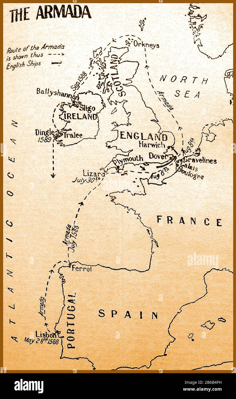 A 1933 school map showing the 16th century route of the Spanish Armada with dates of their progress Stock Photo