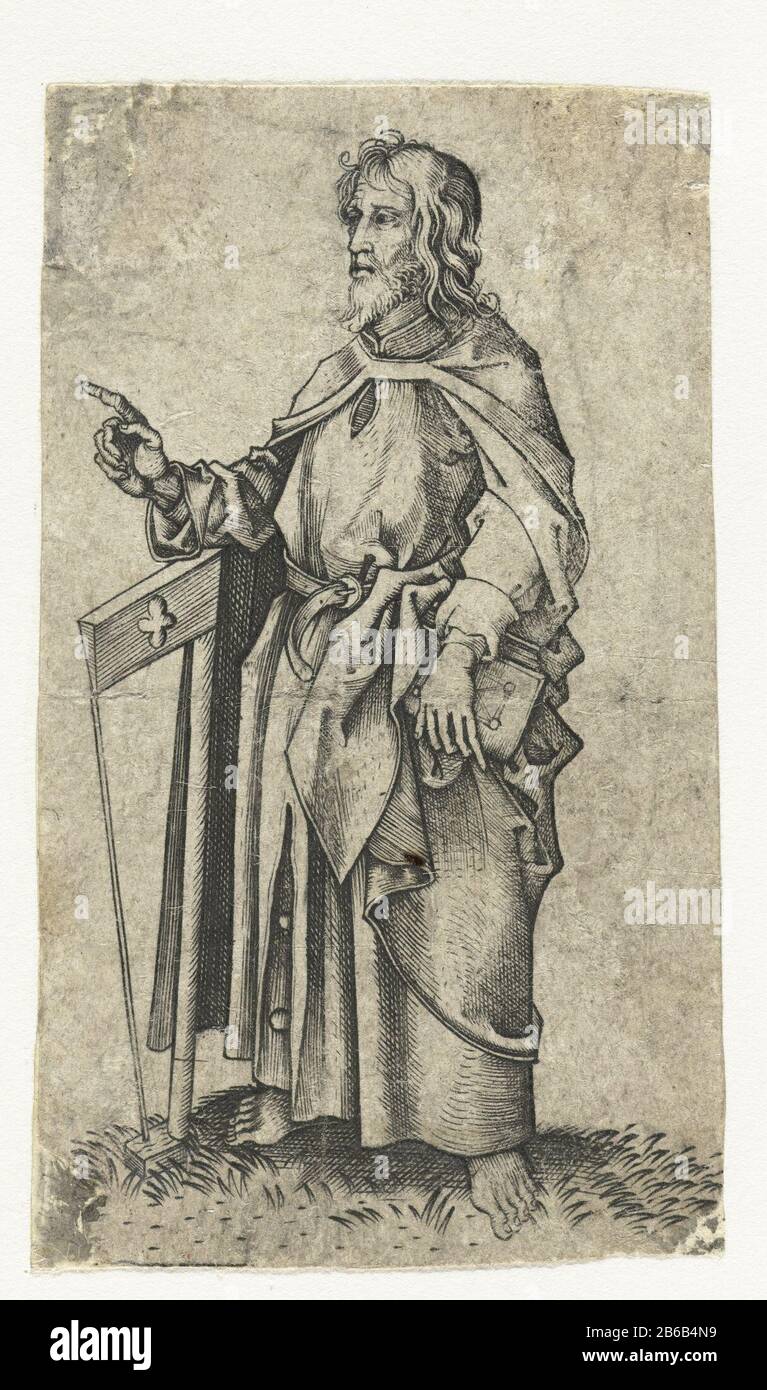 the apostle James the Less (Jude Thaddeus), in a nutshell, with a? book in hand, resting on a hatter arc (?). This print is part of a series of twelve portraits of the apostles, mirrored copies of prints by Martin Schongauer. Manufacturer : printmaker: Monogrammist WAHprentmaker: Martin Schongauer (school) to print by Martin SchongauerPlaats manufacture: printmaker Germany Print Author: Bocholt (Germany ) Dated: 1475 - 1491 Physical features: car material: paper Technique: engra (printing process) Dimensions: sheet: h 91 mm × W 53 mm Subject: the apostle James the Less, first bishop of Jerusal Stock Photo