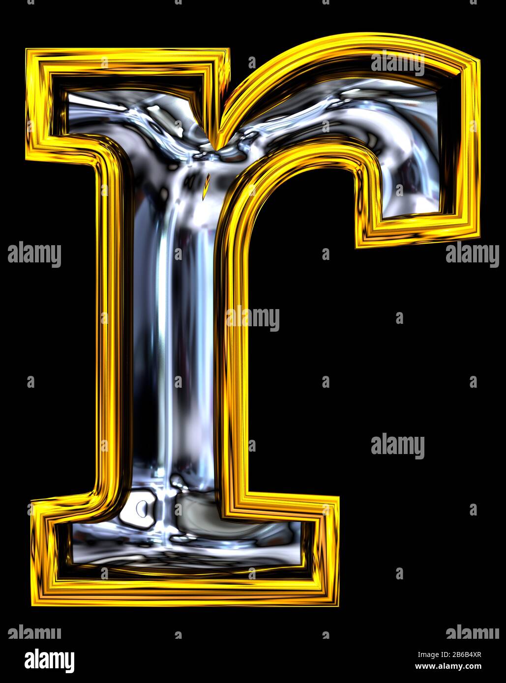 3D rendering. Lowercase Letter r. Embossed steel blend. Recent Door number style font. Pure high resolution ABC render.  Gold rimmed. Isolated on blac Stock Photo
