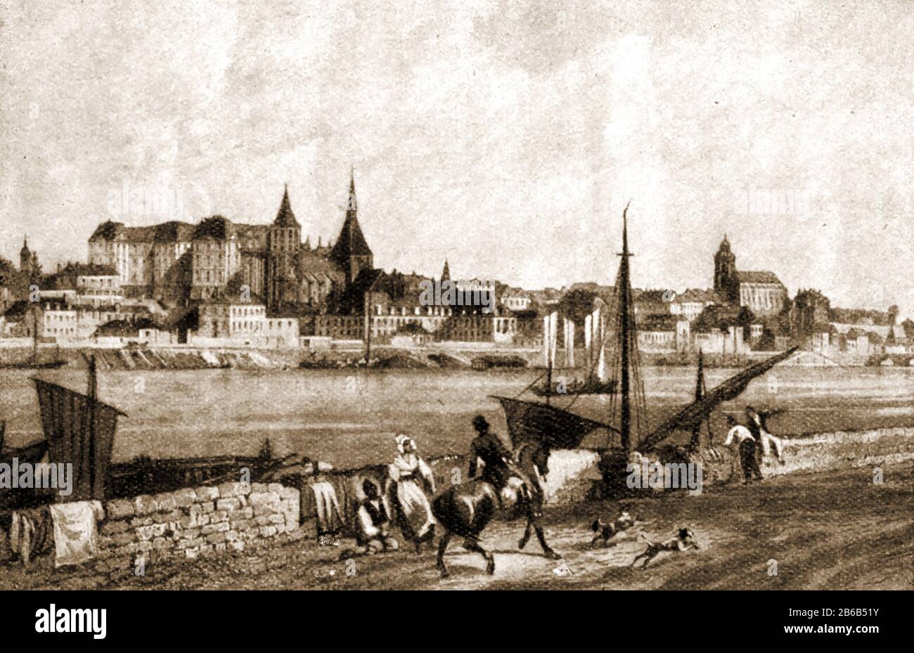 An historic  view of Blois, France in the early 1800's, looking across the Loire river.The County of Blois was originally centred on Blois itself , one of the chief cities, along with  Chartres.In 1429, Joan of Arc made Blois her operational base. La Maison de la Magie Robert-Houdin (The House of Magician Jean Eugène Robert-Houdin in modern Blois is both a magic museum and performance venue. Stock Photo