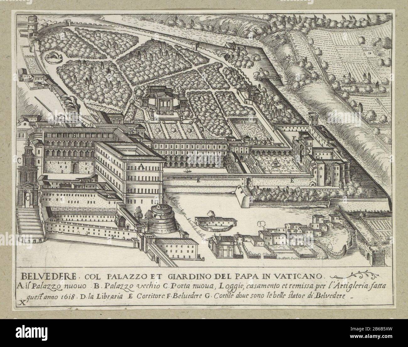 apostolic palace and gardens to vatican belvedere palace col et giardino del papa vaticano title object palaces and gardens in rome series title list of explanatory letters in lower margin the print
