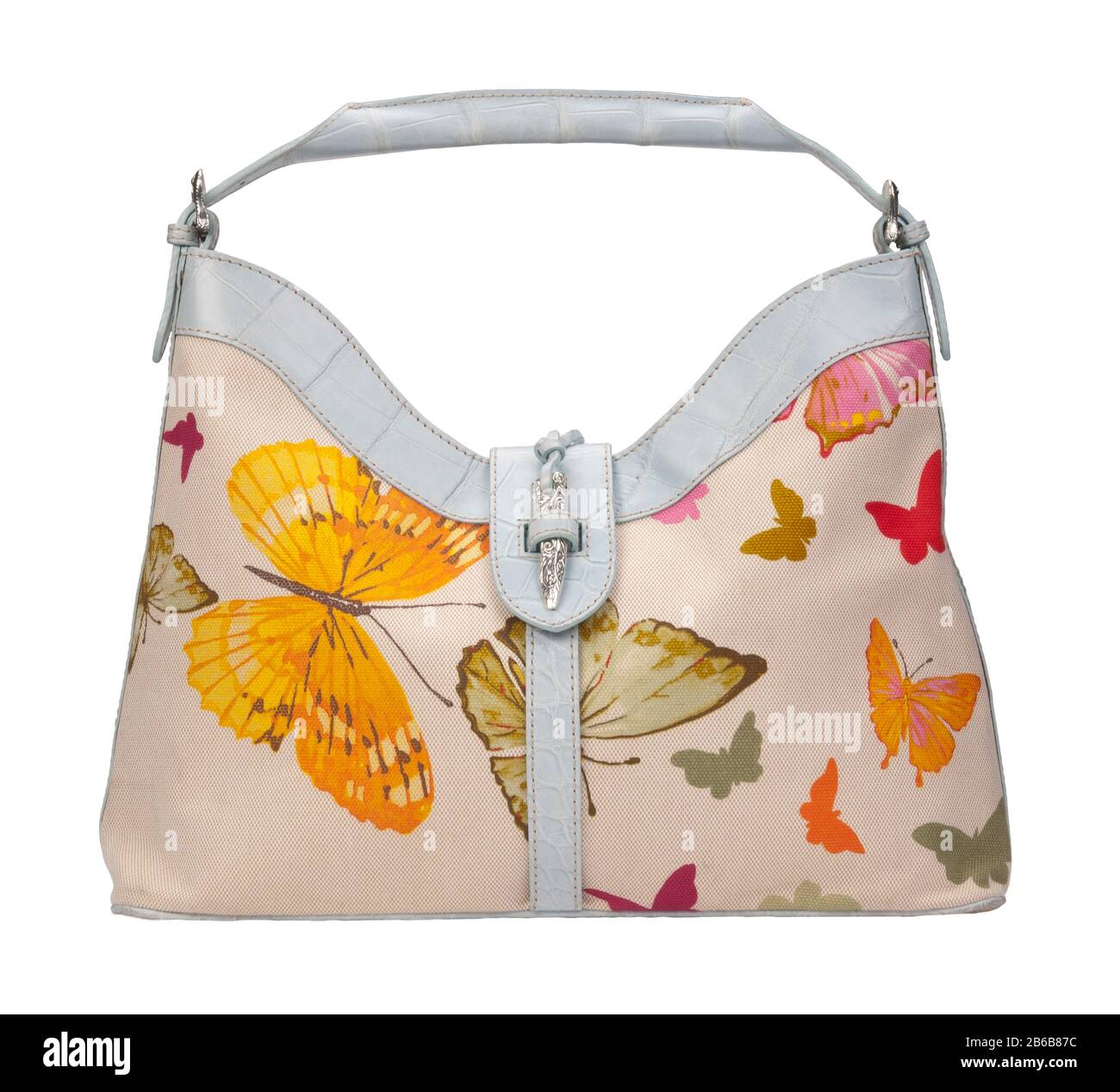 An elegant woman's handbag with light blue leather handle and canvas  printed with a butterfly design Stock Photo - Alamy