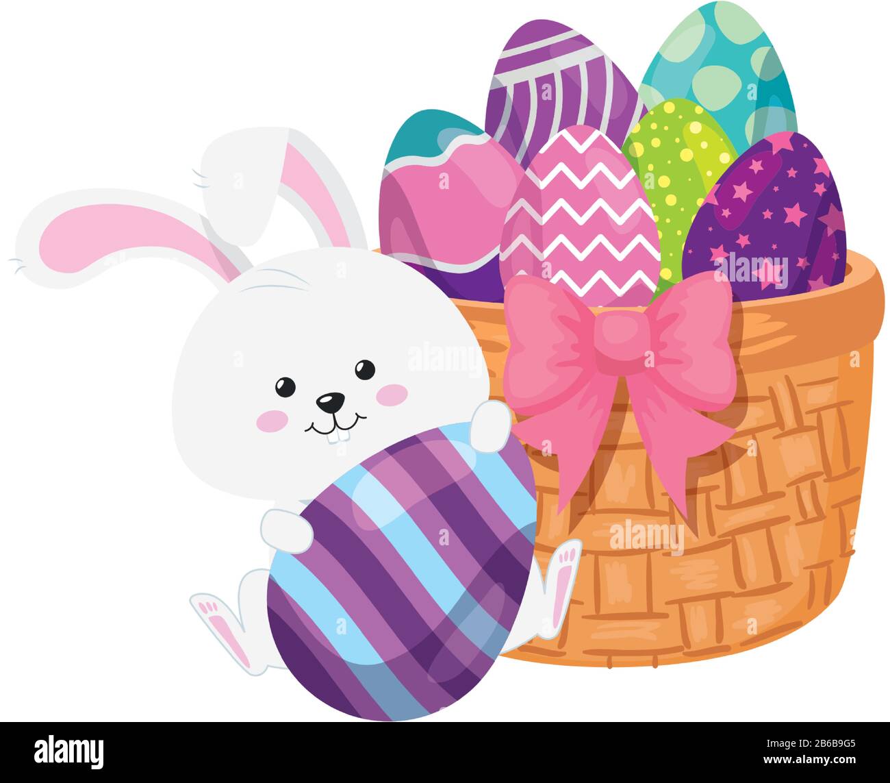 rabbit and cute eggs easter decorated with basket wicker Stock Vector ...