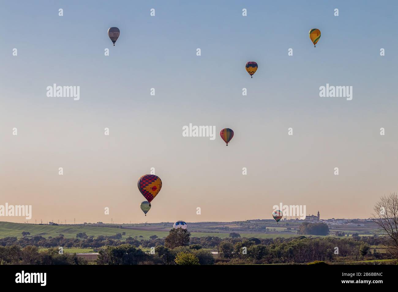 Seville, Spain - March 7,2020: Aerostatic Balloons flying in Seville in the aerostatic balloon race of 2020 Stock Photo