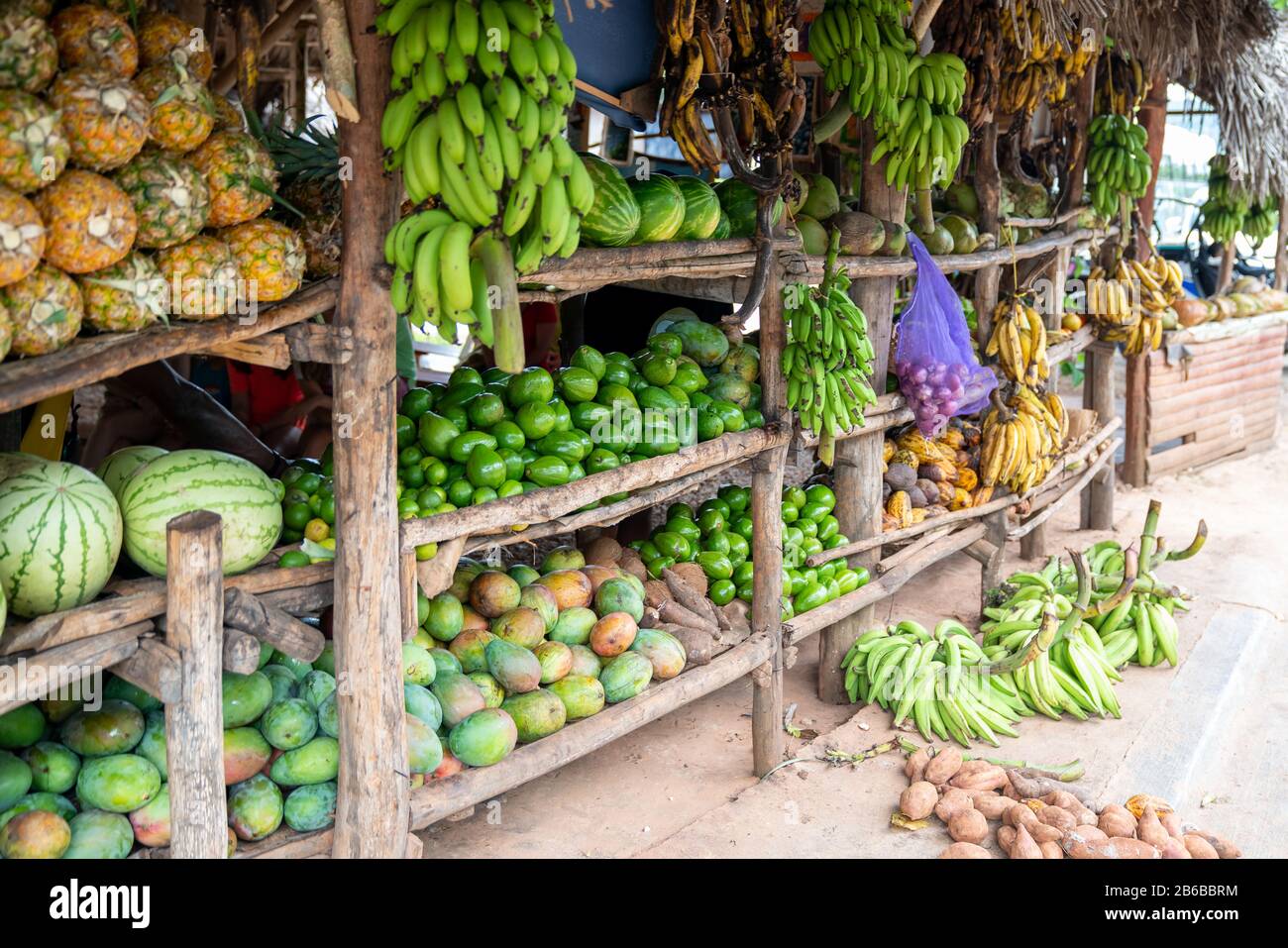 Fruits and vegetables shop on tropical marketplace on the street,Samana