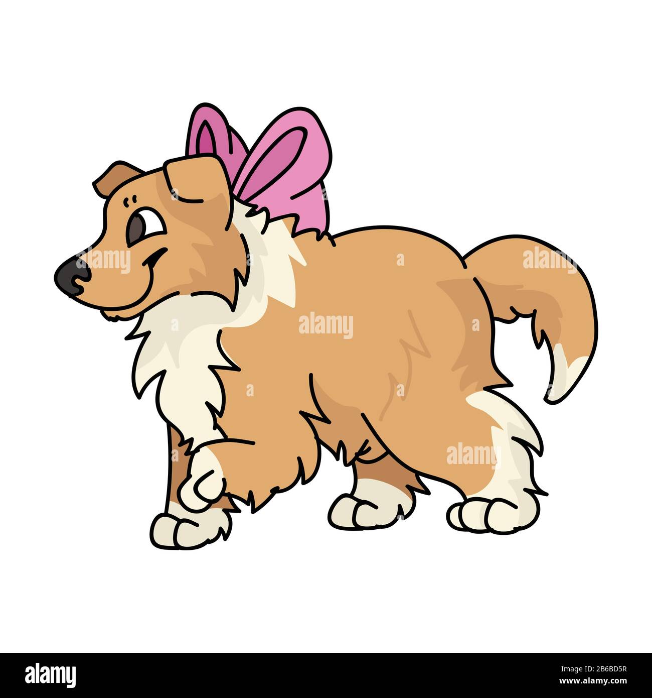 Cute cartoon rough collie puppy dog with pink bow vector clipart. Pedigree kennel sheepdog for