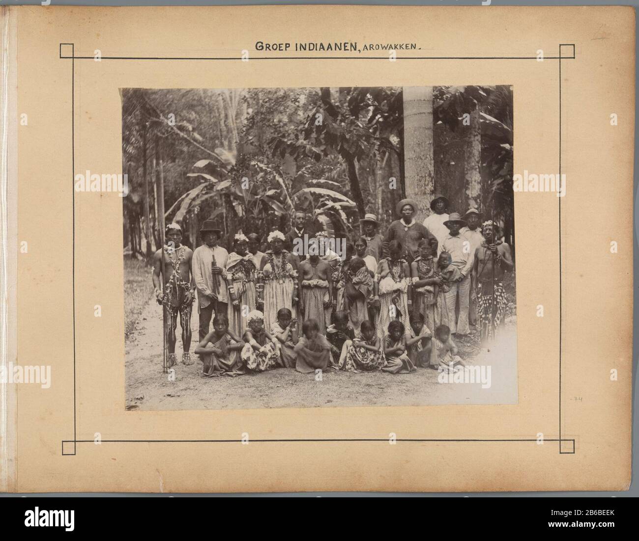 Group Arawak Indians, Arawaks (title object) Groep Surinaamse Arowakken, poserend in feestkleding in de Gouvernementstuin in Paramaribo, Stock Photo