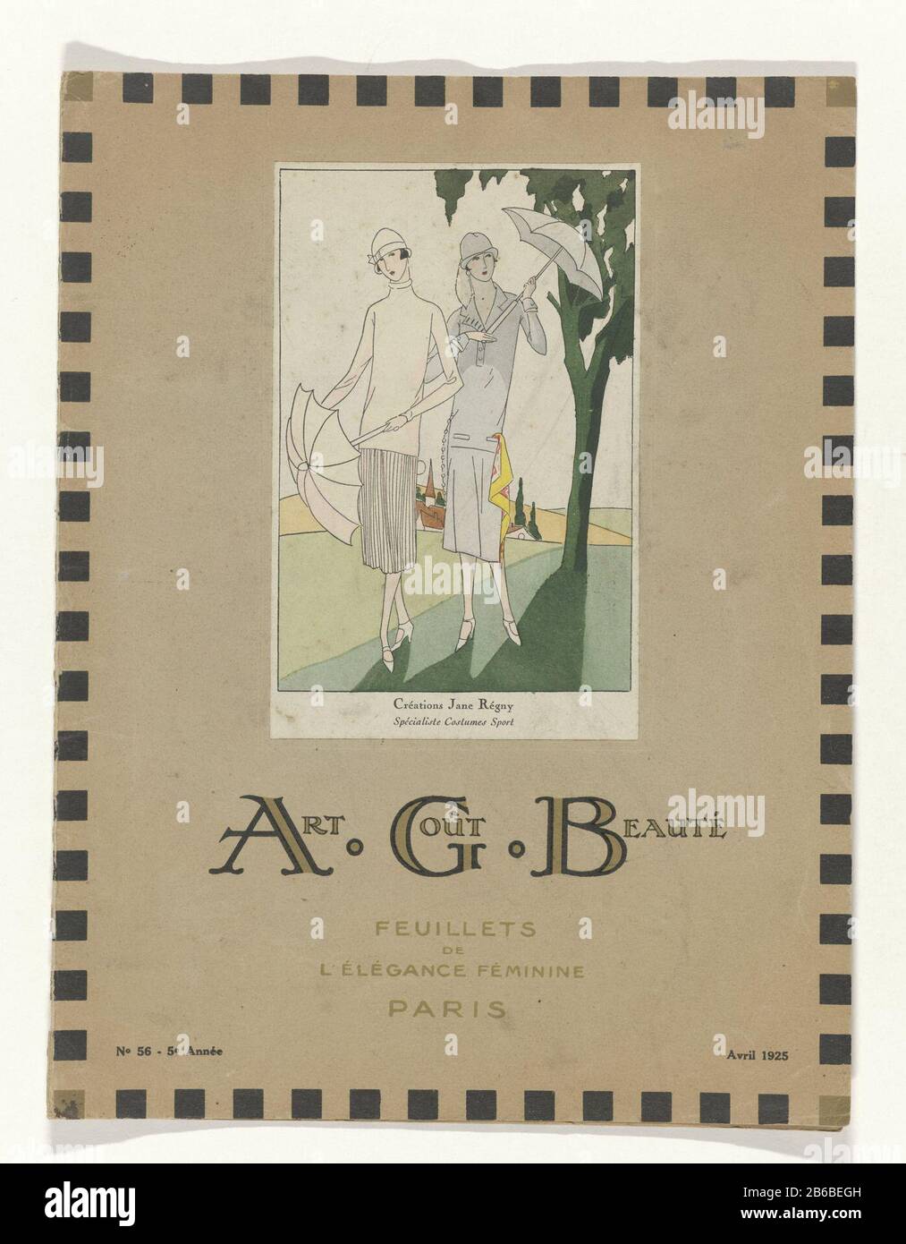 Cover of the fashion magazine Art-Gout-Beauté (1920-1933), in April 1925,  No. 56. Image of two women with parasols, dressed in ensembles Jane Régny,  'Spécialiste Costumes Sport'. Manufacturer : printmaker: anonymous fashion  house: