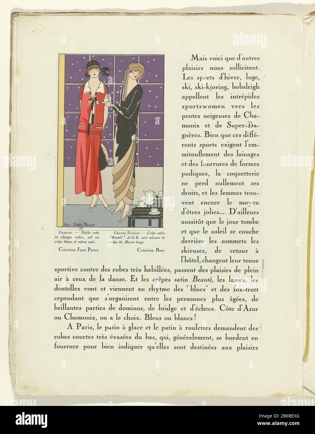 Text pasted image of an interior with coffee table and two women in  creations by Jean Patou and Beer. Page of the fashion magazine  Art-Gout-Beauté (1920-1933) . Manufacturer : printmaker: anonymous fashion