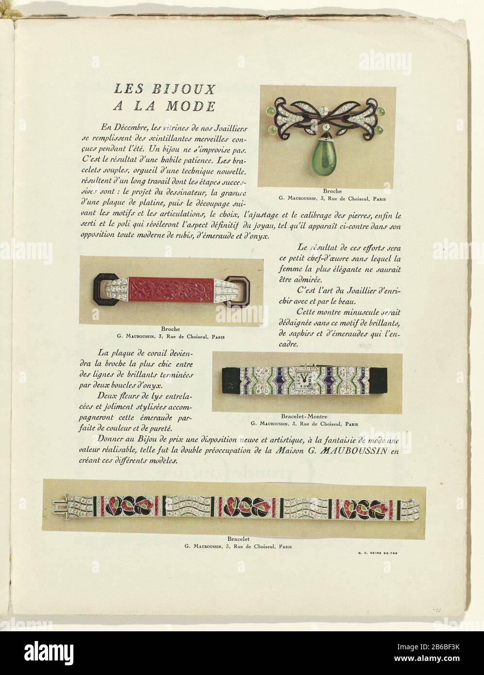 Text "Les bijoux a la mode 'with four illustrations of jewelry G.  Mauboussin, 3 Rue de Choiseul, Paris: Broche / Brooch / Bracelet-Montre /  Bracelet. Page of the fashion magazine Art-Gout-Beauté (1920-1933) .