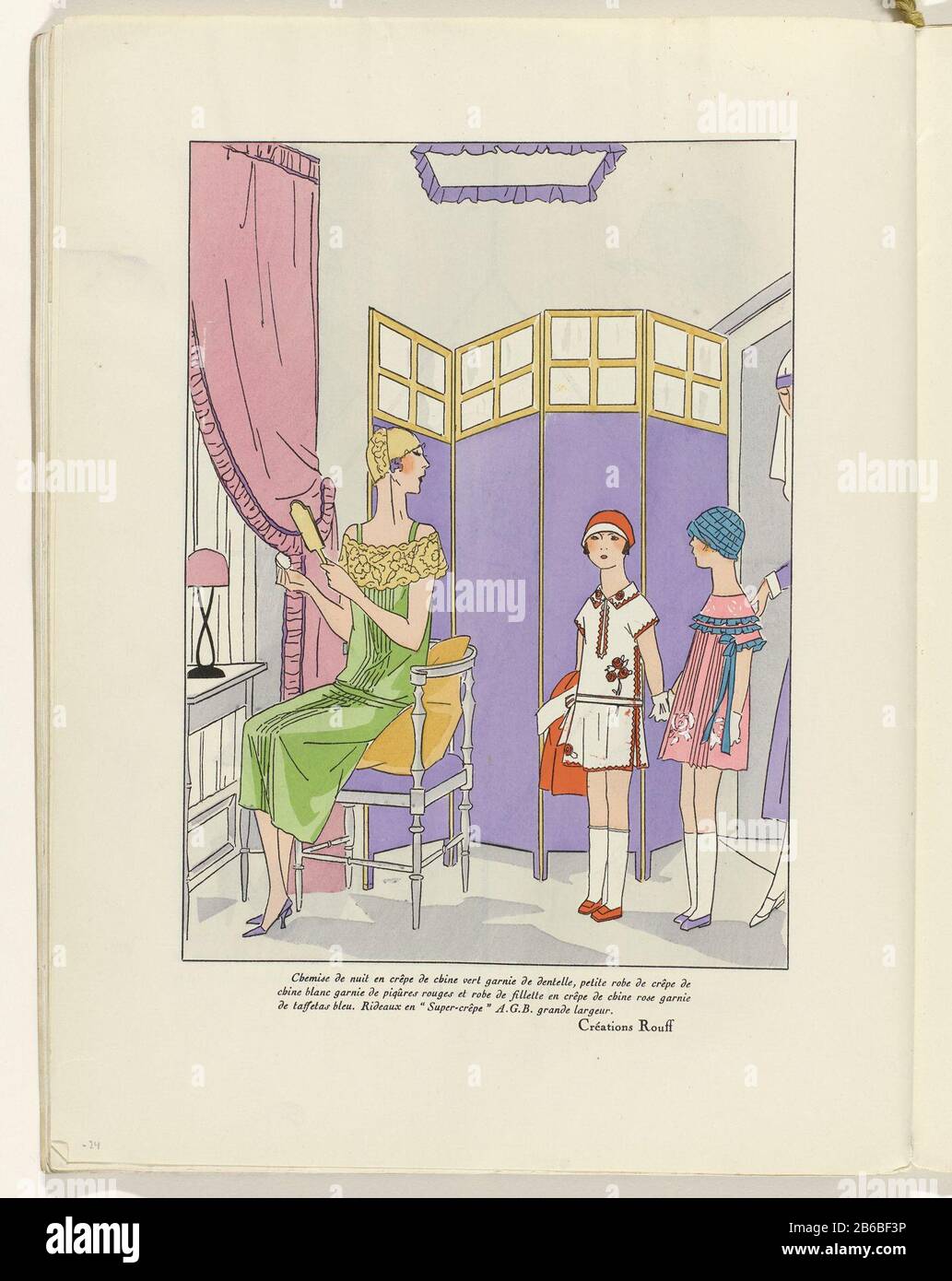 Interior with woman at dressing table and two children and a screen in the  background. The woman is wearing a nightgown of green crepe de chine,  decorated with lace. Girls in children's