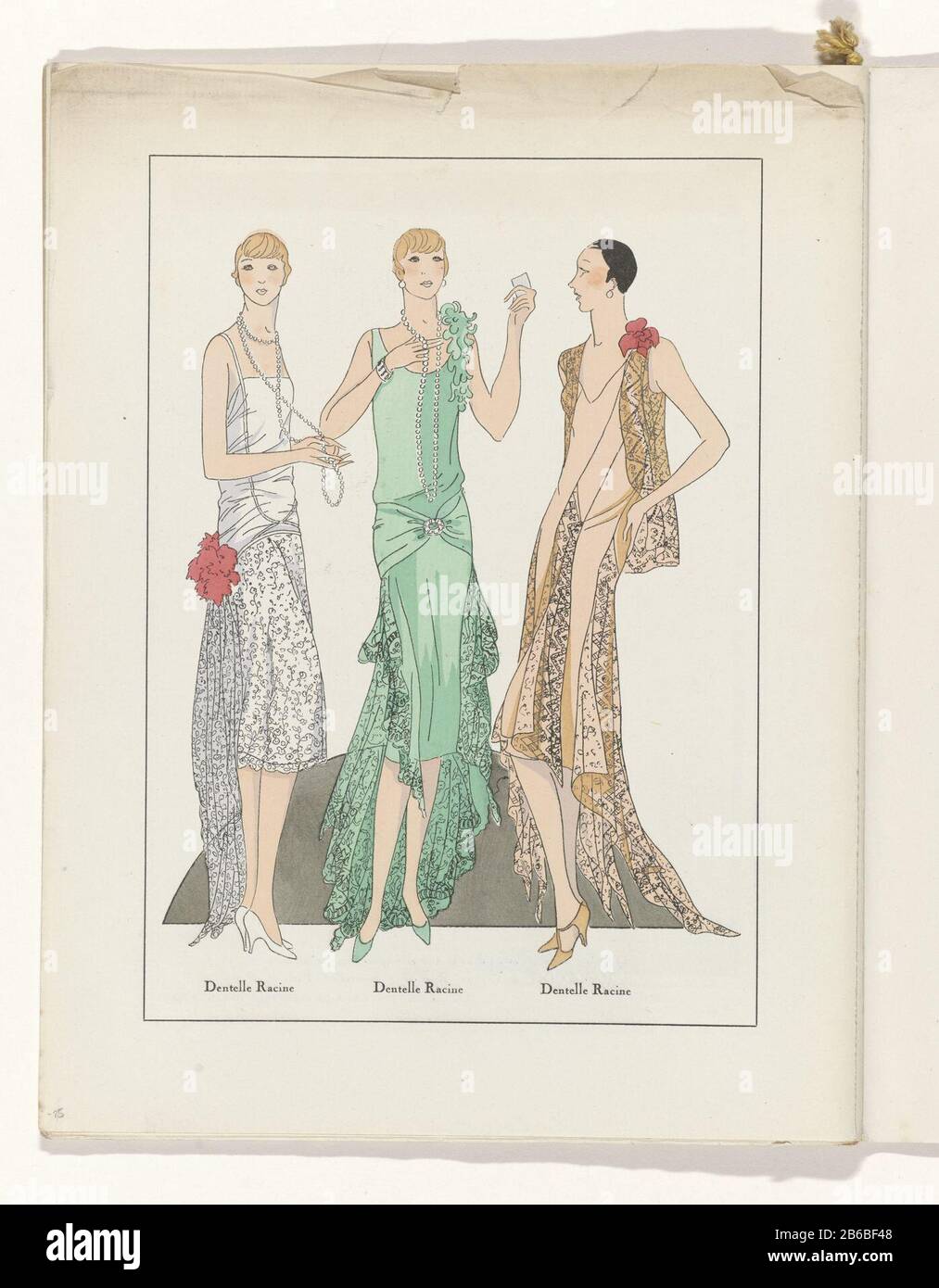 Three evening dresses with lace Racine. Page of the fashion magazine Art- Gout-Beauté (1920-1933) . Manufacturer : printmaker: anonymous fabric  manufacturer V. Racine (listed building) Publisher: Charles GoyPlaats  manufacture: Paris Date: 1929 Physical