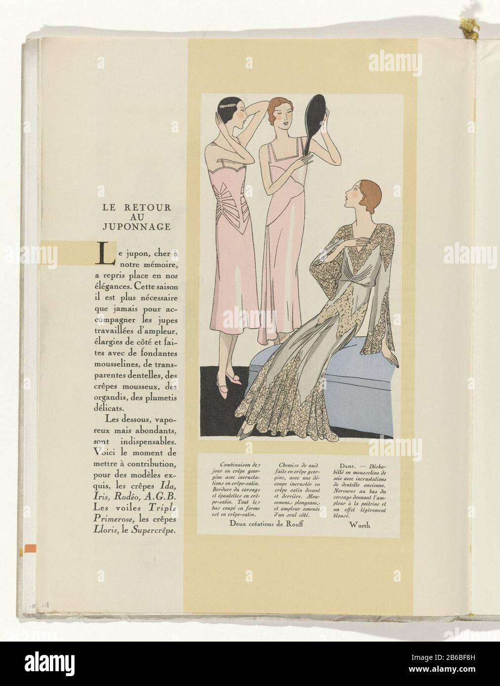 Text'Le retour au juponnager' with an image of two nightgowns of Rouff and  deshabillé of muslin Worth. Page of the fashion magazine Art-Gout-Beauté  (1920-1933) . Manufacturer : printmaker: anonymous fashion designer: Maggy