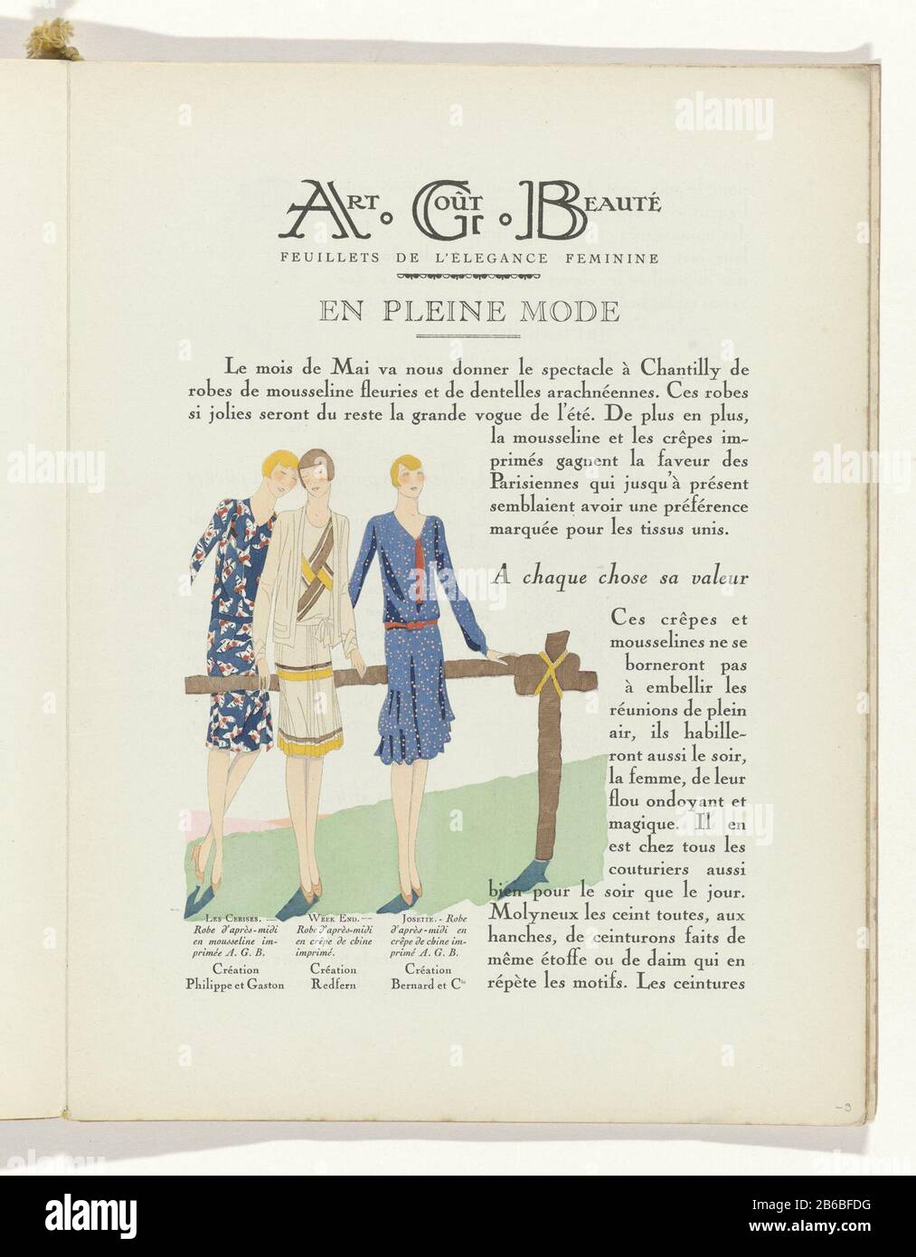 Text on the spring fashion. Illustration with afternoon dresses of Philippe  and Gaston, Redfern and Bernard & Cie page of the fashion magazine  Art-Gout-Beauté (1920-1933) . Manufacturer :. Printmaker: anonymous fashion  designer: