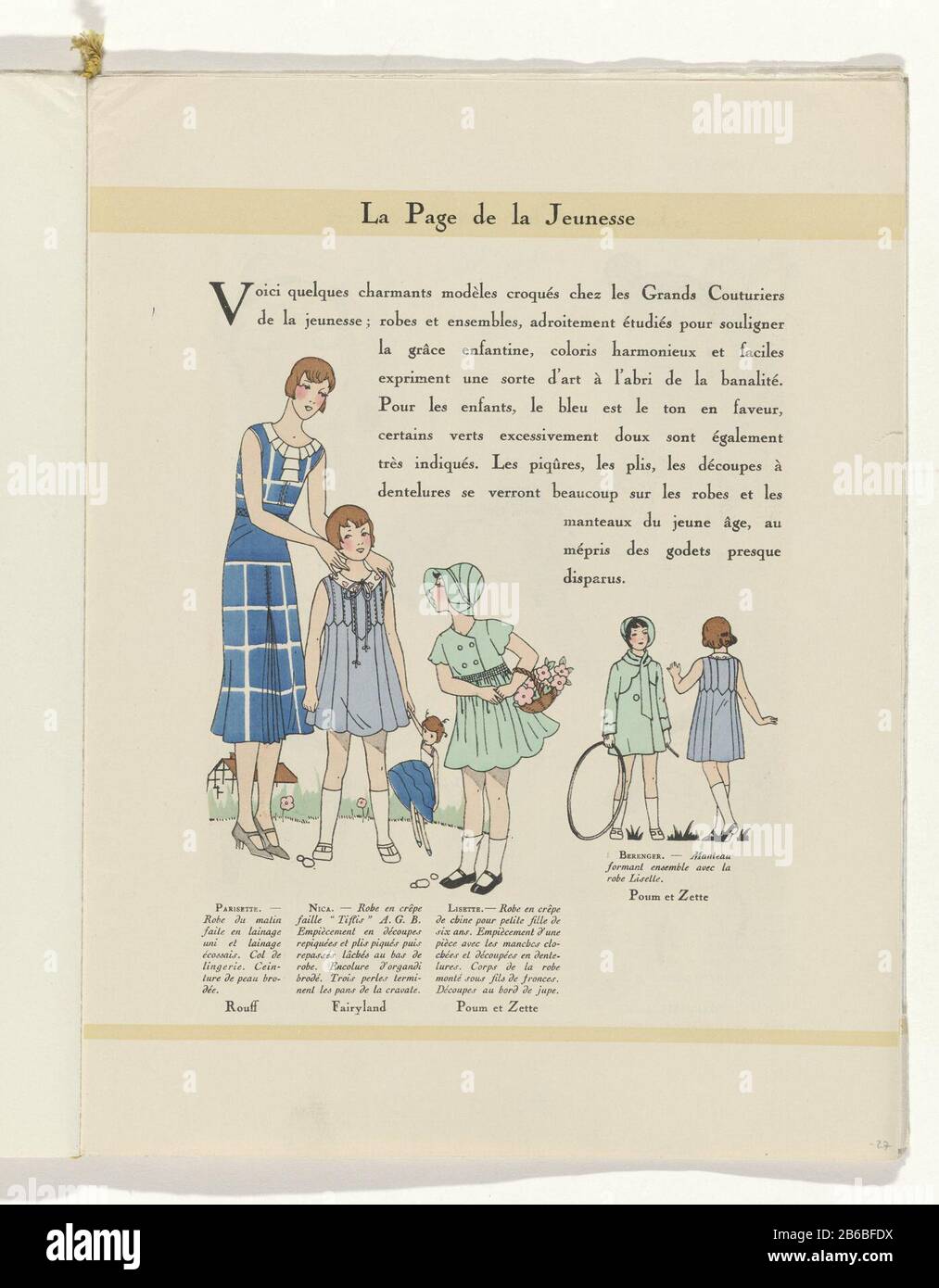Text "La Page de la Jeunesse 'depicting a woman and four children. Morning  of Japon Rouff and girl dresses Fairyland and Poum et Composition. Page of  the fashion magazine Art-Gout-Beauté (1920-1933) .