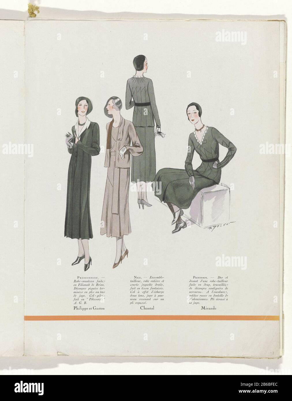 Left: Promeneuse:'robe manteau'-Philippe et Gaston. Middle: Nice 'Ensemble  Tailleur, consisting of a dress and jacket, Chantal. Right: Printemps' robe-tailor  "Mirande. Page of the fashion magazine Art-Gout-Beauté (1920-1933) .  Manufacturer : design by