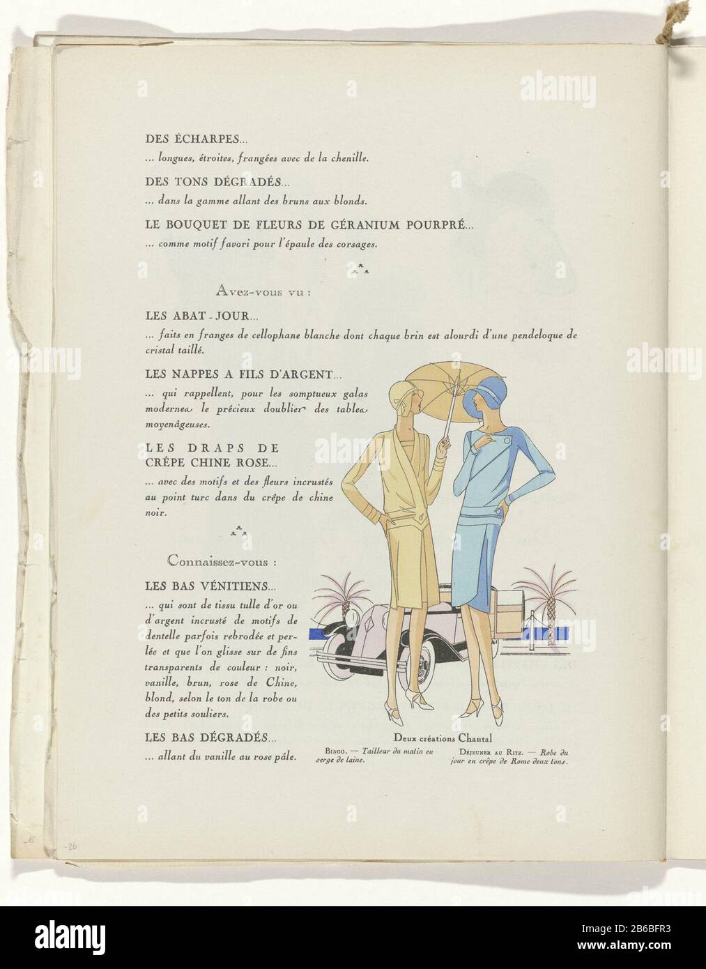 Text illustration of Chantal creations. Left: tailor (suit) for the morning 'serge de laine. Matching cloche (cloche hat) and parasol. Right: Dress' crepe de Rome in two shades of blue. Page of the fashion magazine Art-Gout-Beauté (1920-1933) . Manufacturer : Publisher: Charles Goymodehuis Chantal (listed building) Dated: 1929 Physical features: lithography, templates and hand colored material: paper Technique: lithography (technique) / pochoir / hand color measurements: sheet: h 315 mm × W 240 mm Subject: fashion plates ensembles, or pieces of clothing (SUIT) (+ women's clothes) parasol, suns Stock Photo