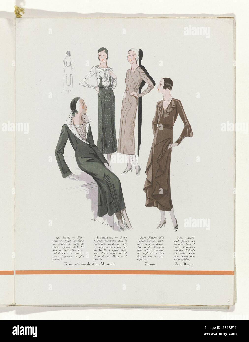 Left: ensemble consisting of a jacket and of printed dress "crepe de chine  A.G.B. ' Aine-Montaillé. Middle: afternoon frock Sports habillé of  'Crepolux' dust Paul Brion and design of Chantal. Right: afternoon