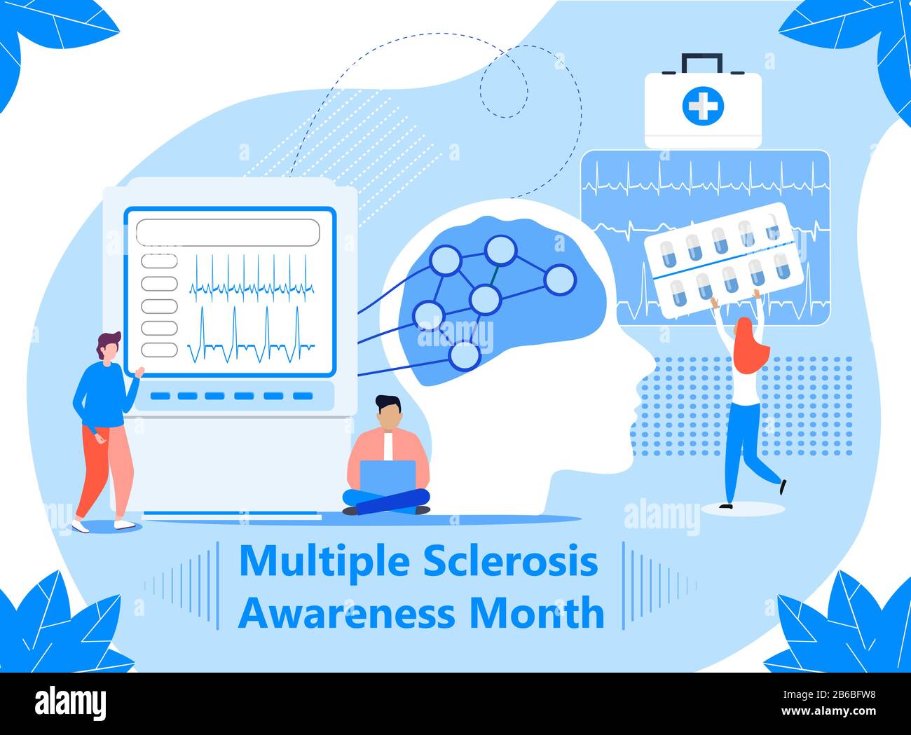 Multiple sclerosis awareness month event in March. Anatomical science of brain and senses diseases for website. Tiny doctors treat sclerotic. Stock Vector