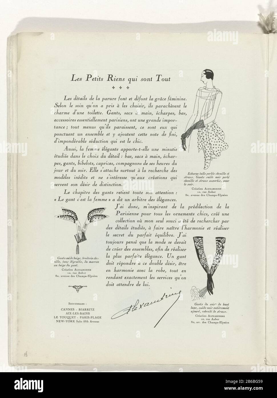 Text with images of three pairs of long evening gloves Alexandrine. Page of  the fashion magazine Art-Gout-Beauté (1920-1933) . Manufacturer :  printmaker: anonymous retailer: Alexandrine (retail) (listed building)  Publisher: Charles Goy Dating: