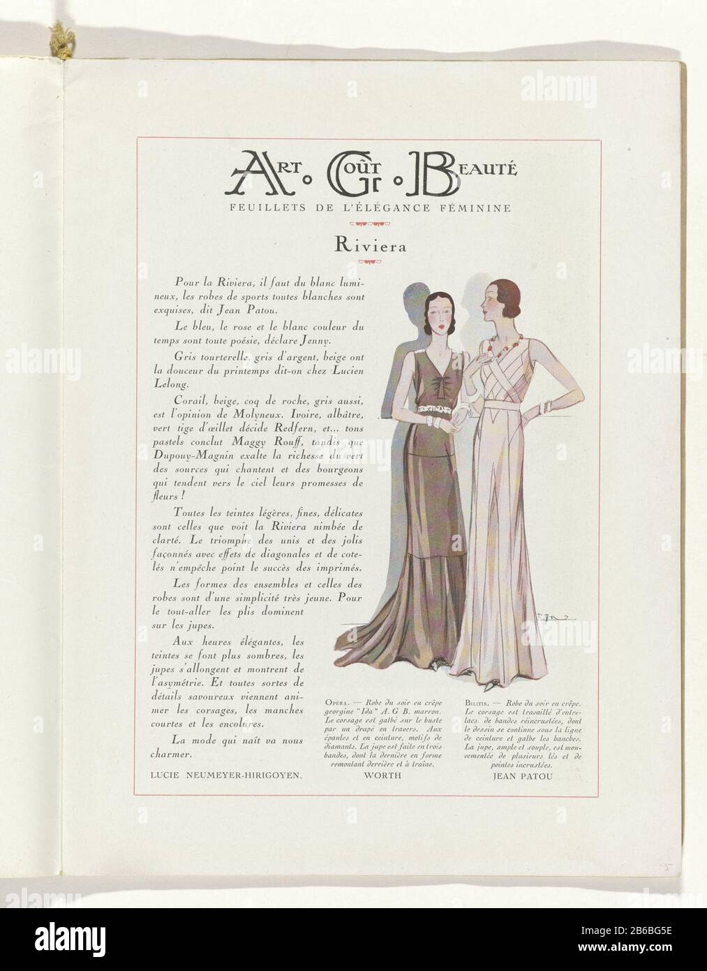 Text 'Riviera' with a picture of two women in evening gowns from Worth and  Jean Patou. Page of the fashion magazine Art-Gout-Beauté (1920-1933) .  Manufacturer : printmaker: anonymous fashion house: Worth (listed