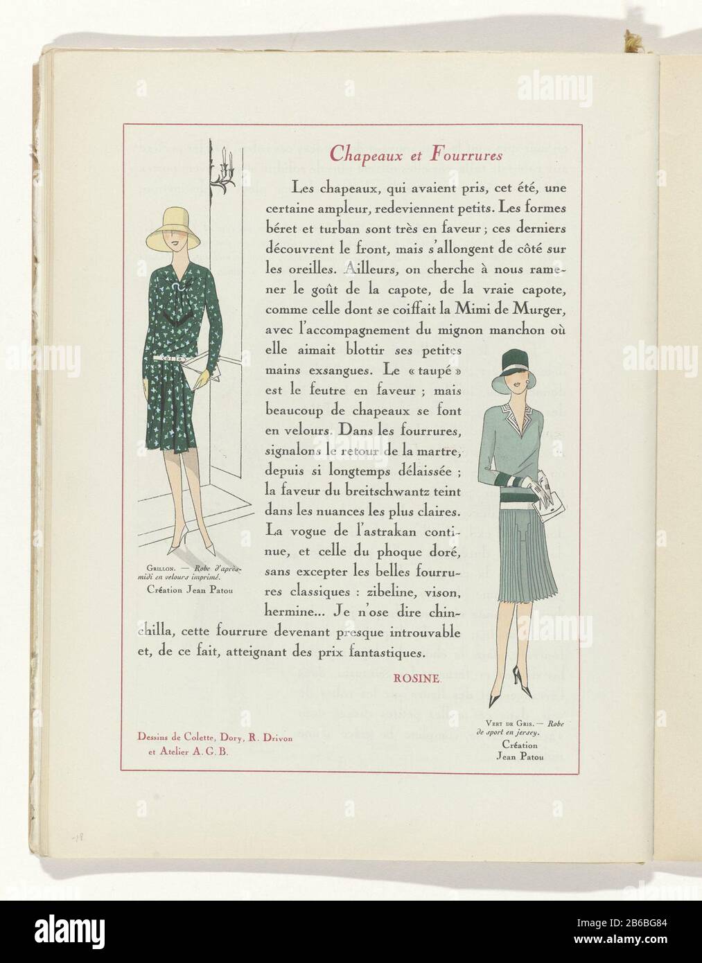 Chapeaux et Fourrures: text with images of two dresses. Left: afternoon  gown of printed velvet, Jean Patou. Right: 'robe sport' jersey, Jean Patou.  Page of the fashion magazine Art-Gout-Beauté (1920-1933) . Manufacturer :