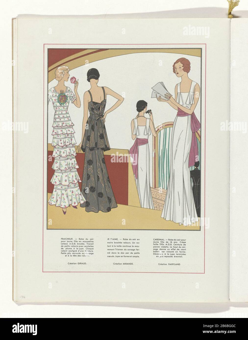 Left: evening gown, embroidered 'muslin Latexa A.G.B. "Giraud. Middle:  Evening of "moire" brocaded velvet, Mirande. Right: white evening dress  with a purple belt, suitable for a 16 year old, of Fairyland. Page